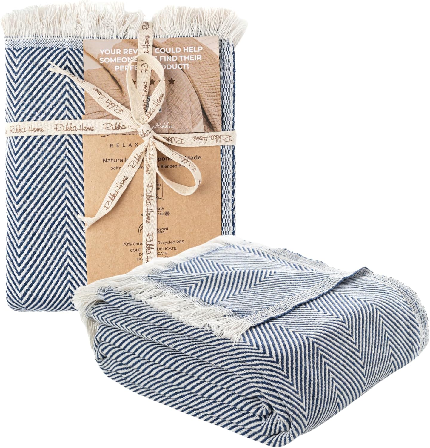 Cotton Herringbone Chevron Bed Blanket Farmhouse Throw Blanket Lightweight Boho Decorative Blankets for Bed, Sofa, Chair, Couch, Queen Size, Deep Blue, 79x90