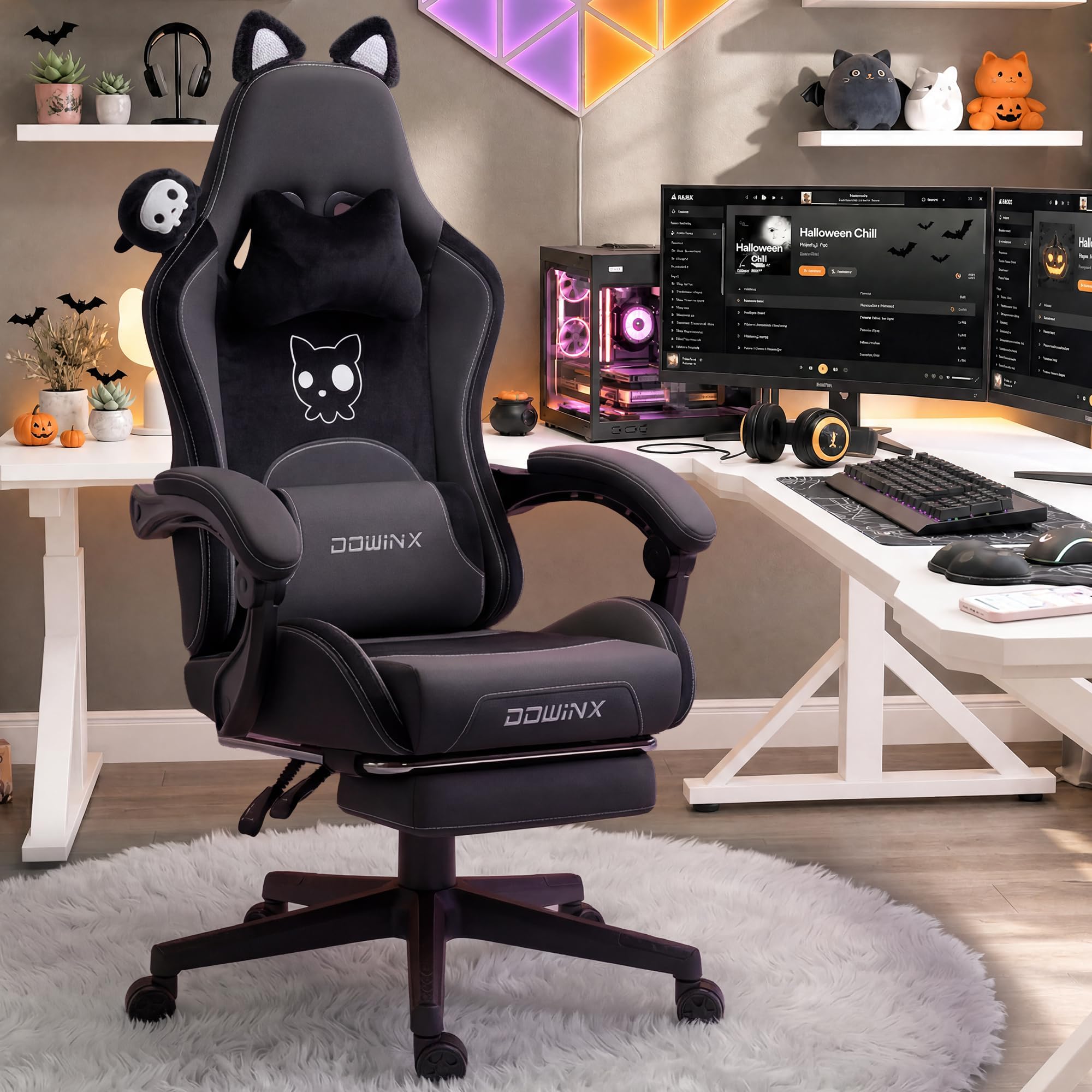 Gaming Chair Cute with Cat Ears and Massage Lumbar Support, Ergonomic Computer Chair for Girl with Footrest and Headrest, Comfortable Reclining Game Chair 290lbs for Adult, Teen, White