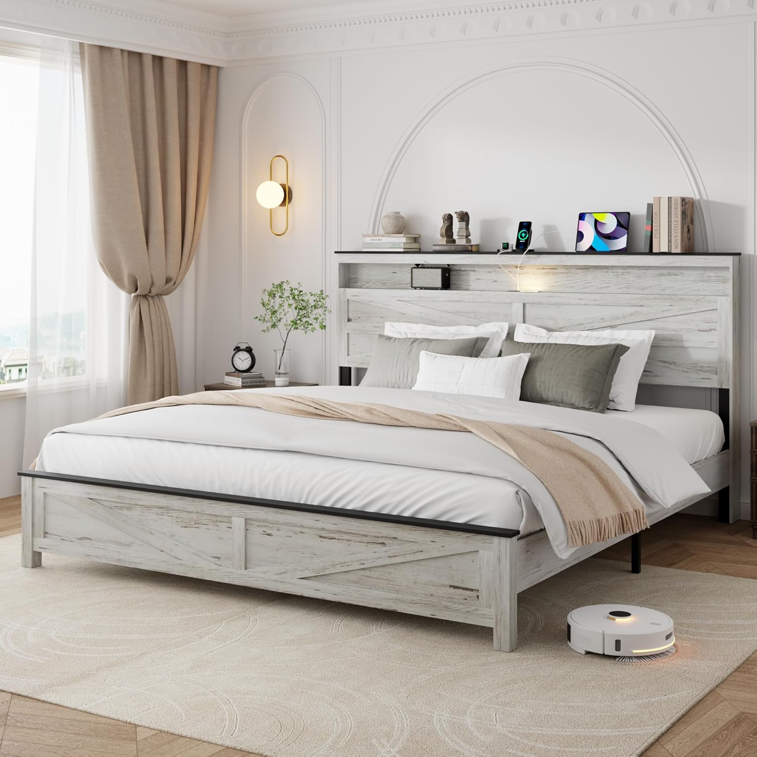 King Size Bed Frame with Headboard, Rustic Farmhouse Wood Bed Frame with LED Lights and Charging Station, Easy Assembly, No Box Spring Needed (White, King)