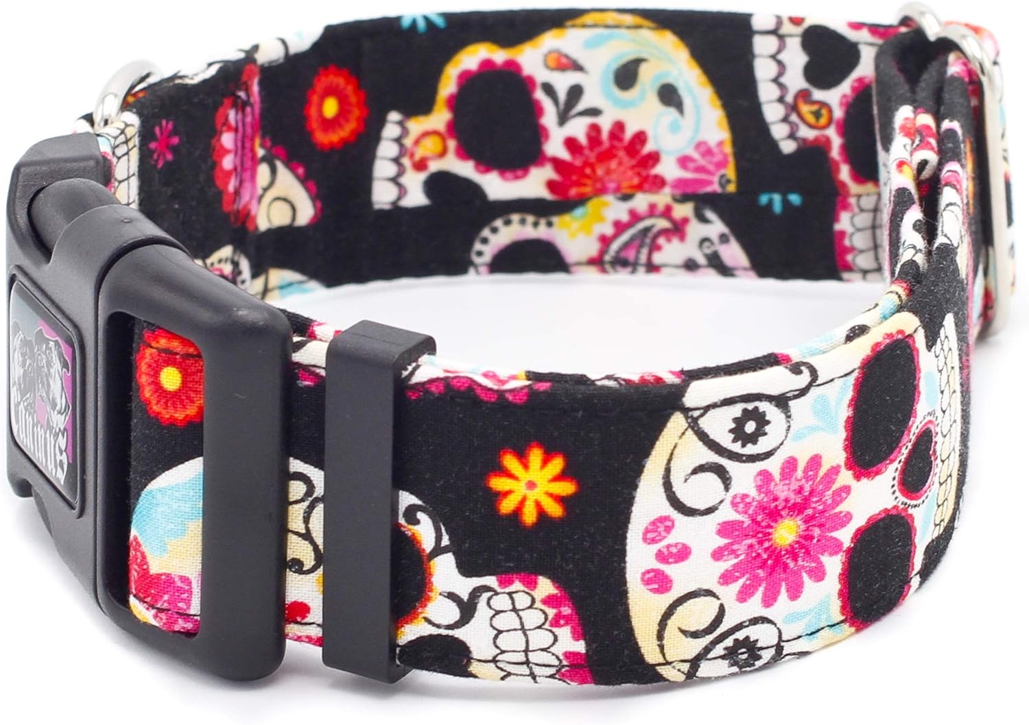 Caninus Collars Sugar Skulls Fiesta Dog Collar 1.5" - 2" Width Buckle & Martingale Candy Skulls, Day of The Dead, Mexican (Martingale w/Buckle Collar, XL - 2" Width)