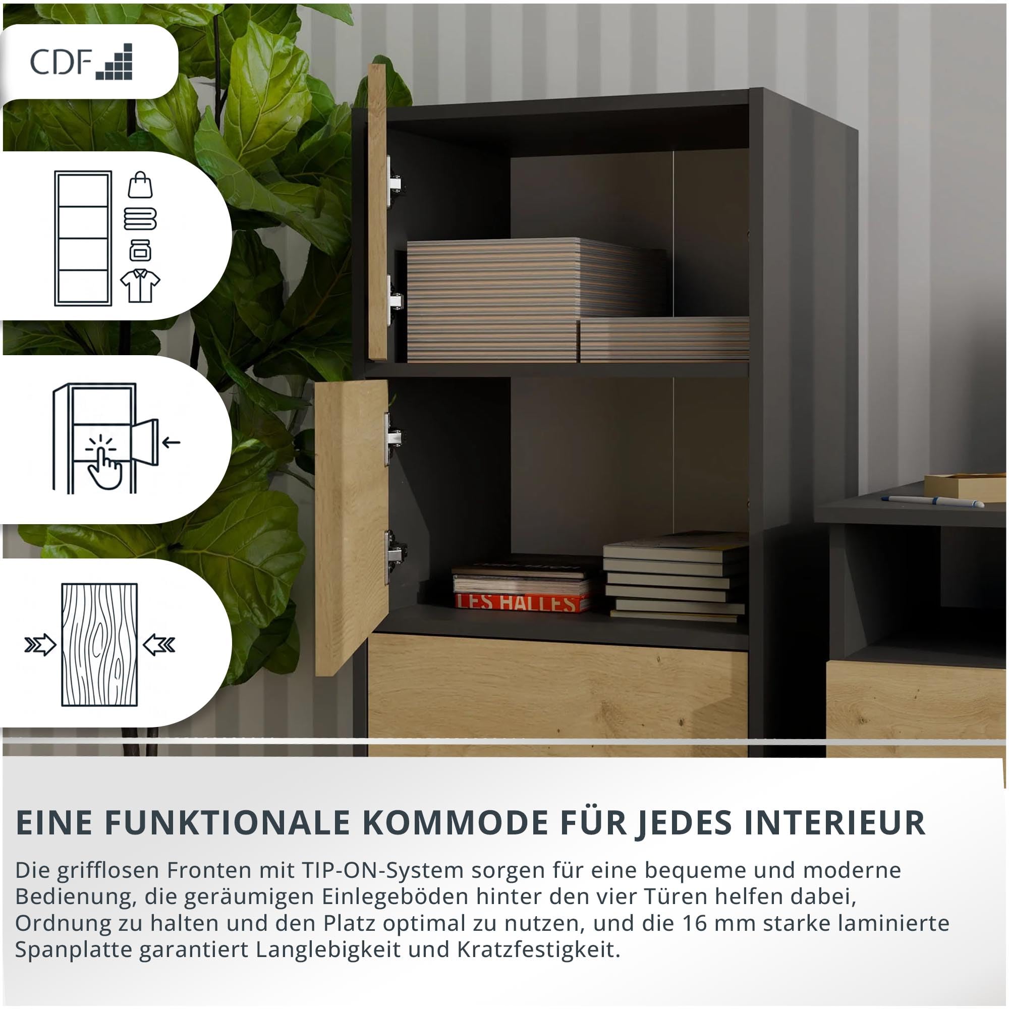 CDF Kommode Mehrzweckschrank 4 Türen Highboard Allzweckschrank Hochkommode Flurschrank für Wohnzimmer Büro Flur Schlafzimmer Aktenschrank Anthrazit/Eiche Artisan Regalschrank 16 mm Platte 40x50x119 cm