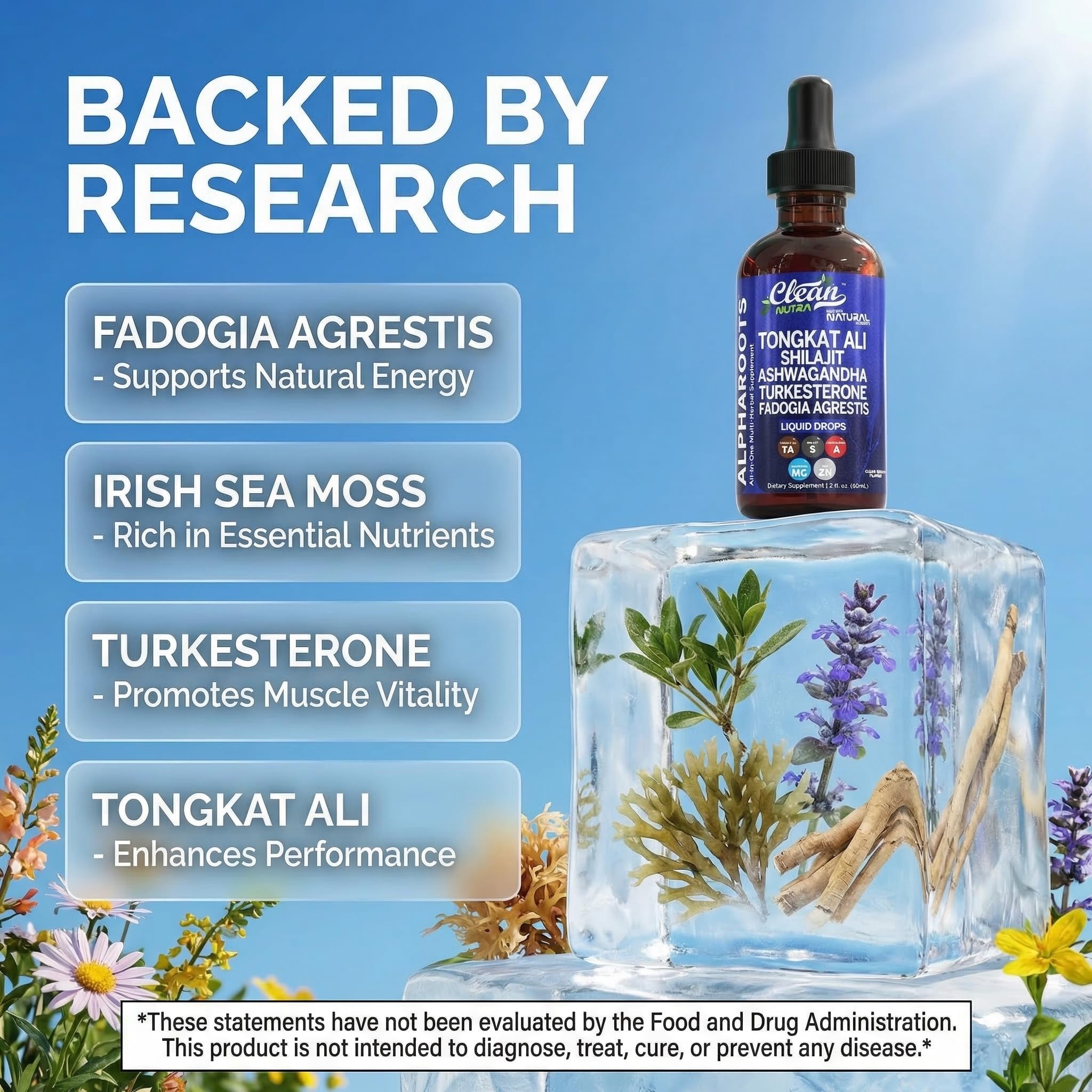 Tongkat Ali Liquid Drops Shilajit, Ashwagandha, Turkesterone, Fadogia Agrestis, Magnesium, Irish Sea Moss, and Zinc Herbal Supplement by Clean Nutra — Amazon image 3