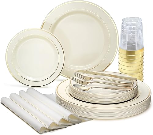 Ocassions - Vajilla de 50-150-200 piezas para 25 invitados, color dorado, A3. Marfil con borde dorado.