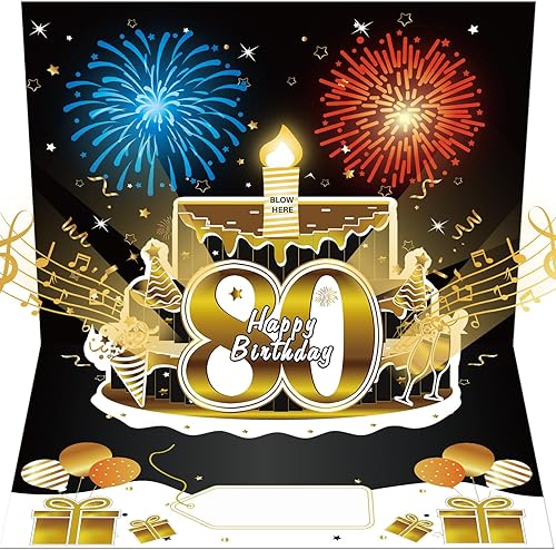 80th Birthday Cards Pop Up 3D Cake - Firework & Music & Blow Out Candle Light Funny Happy 80 Black Gold Birthday Card Gifts for Men - 80th Birthday Gifts For Him