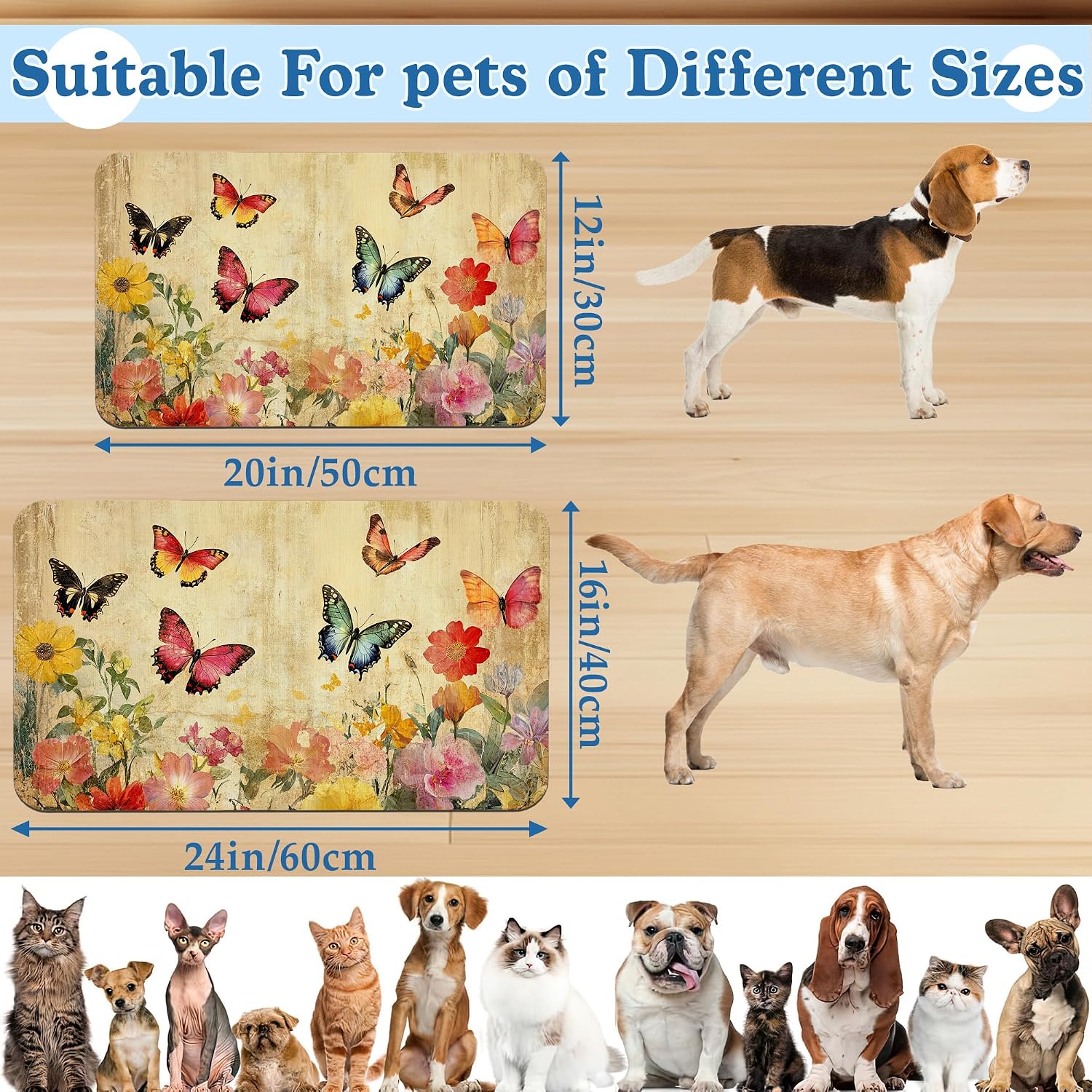 Vintage Butterfly Floral Pet Food Mat for Cats and Dogs–Absorbent Quick Dry Feeding Placemat, Non Slip Rubber Base, Waterproof Bowl Mat for Indoor Use, Pet Supplies 12"x20" image 2