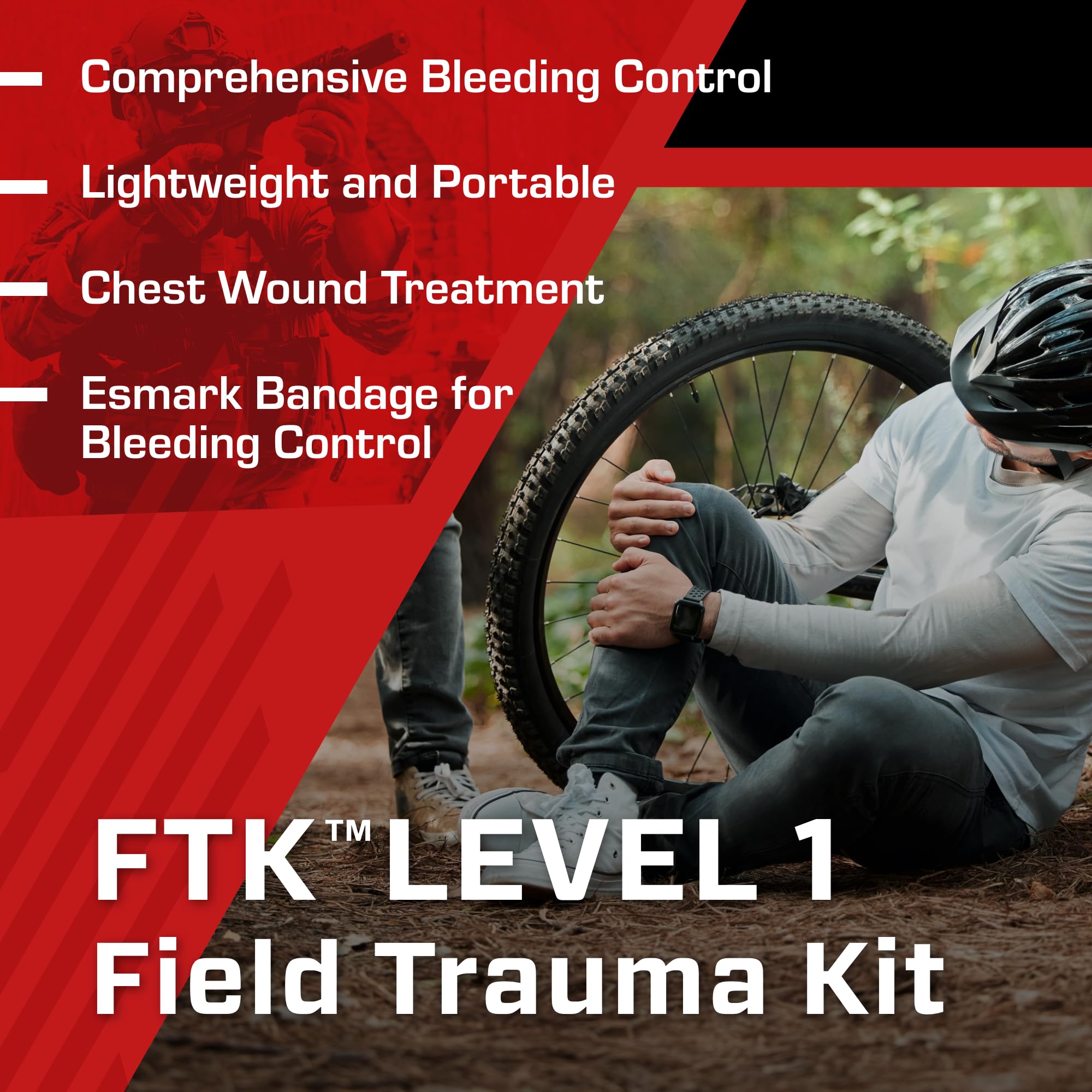 TacMed Solutions - Kit de trauma de campo Nivel 1, (FTK) Kit compacto impermeable con sangrado y control de heridas en el pecho, incluye vendaje compacto para trauma y vendaje Esmark