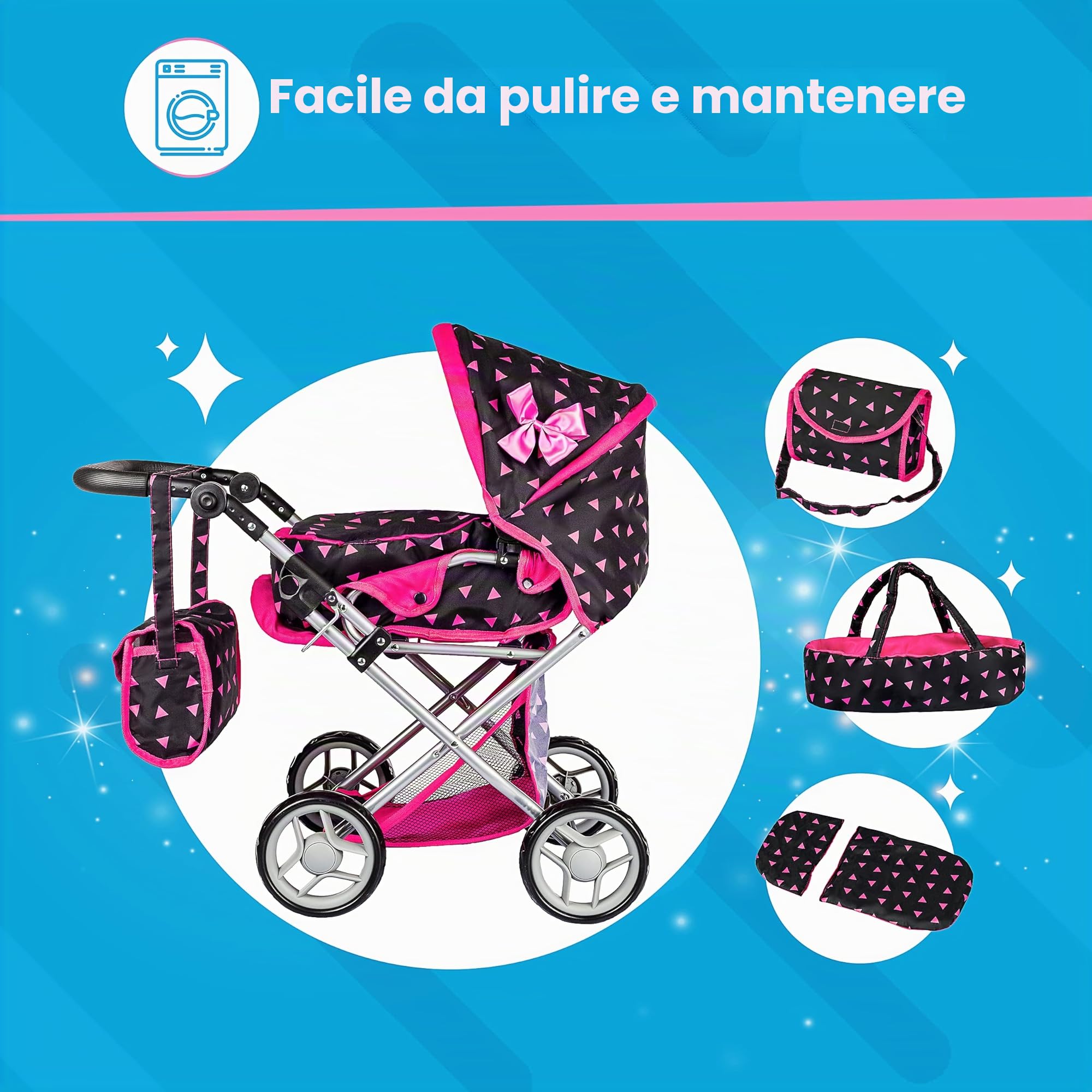 Kinderplay Passeggino per bambole a partire da 1 2 3 anni, giocattolo 3 in 1, per esterni, con borsa per il trasporto rimovibile e borsa a tracolla, regolabile in altezza fino a 62 cm, KP0200R