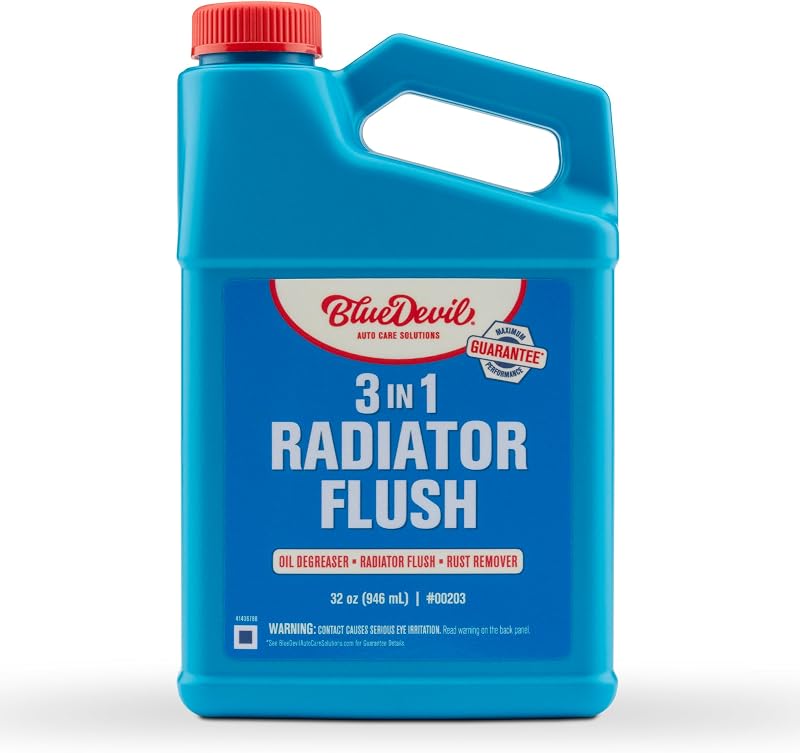 Descarga de radiador 3 en 1 BlueDevil | Desengrasante de aceite automotriz, lavado de radiadores, eliminador de óxido | 32 onzas | Fórmula para varios vehículos