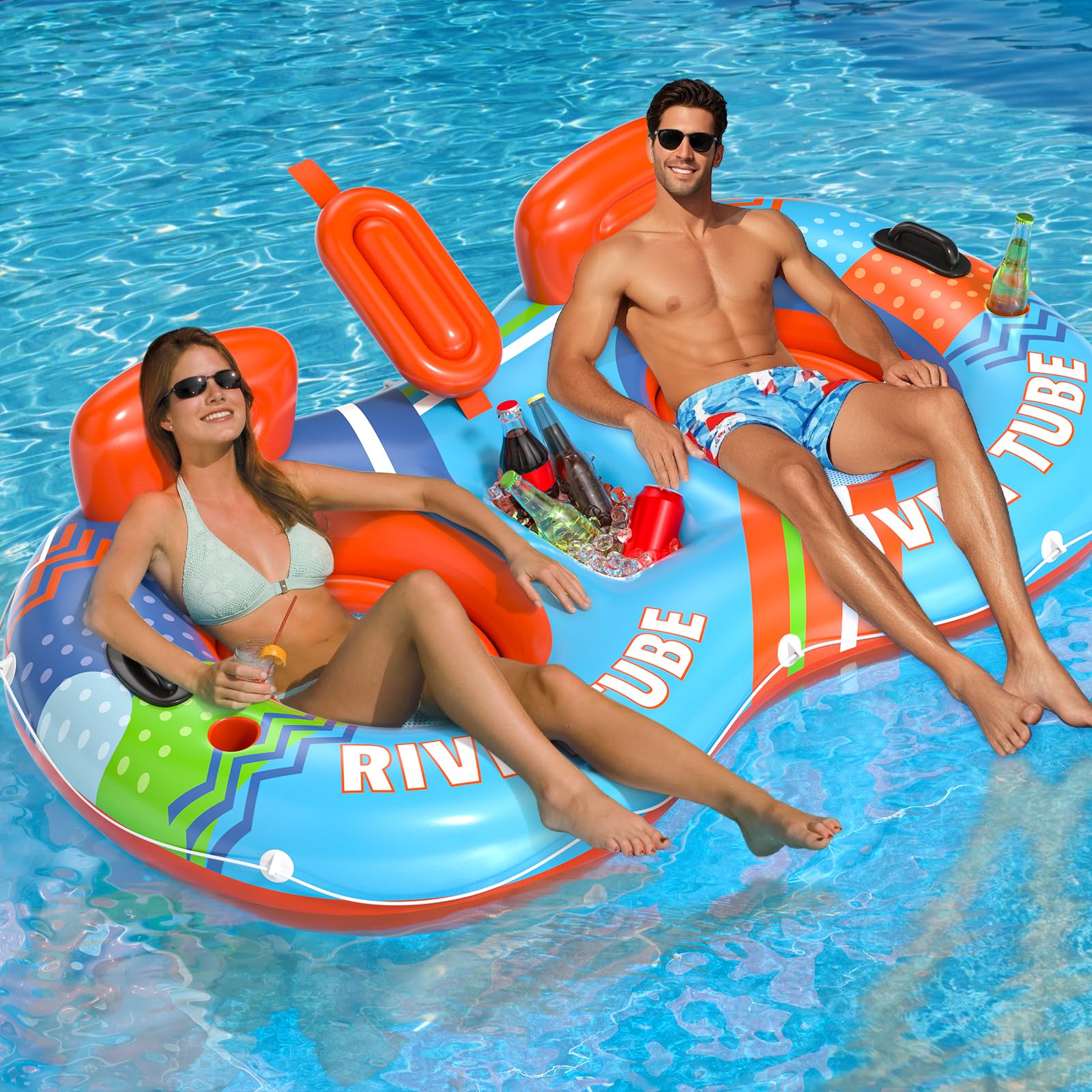 Inflatable River Tube Float, 2 Person Heavy Duty River Pool Floats Adults with 2 Cup Holders Premium Lake Water Tubes for Floating, Outdoor River Raft