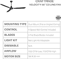 Vista 4 de Craftmade VE58FB3 Velocity - Ventilador de techo industrial, moderno y aerodinámico, resistente, de 58 pulgadas, con control de pared, 3 cuchillas