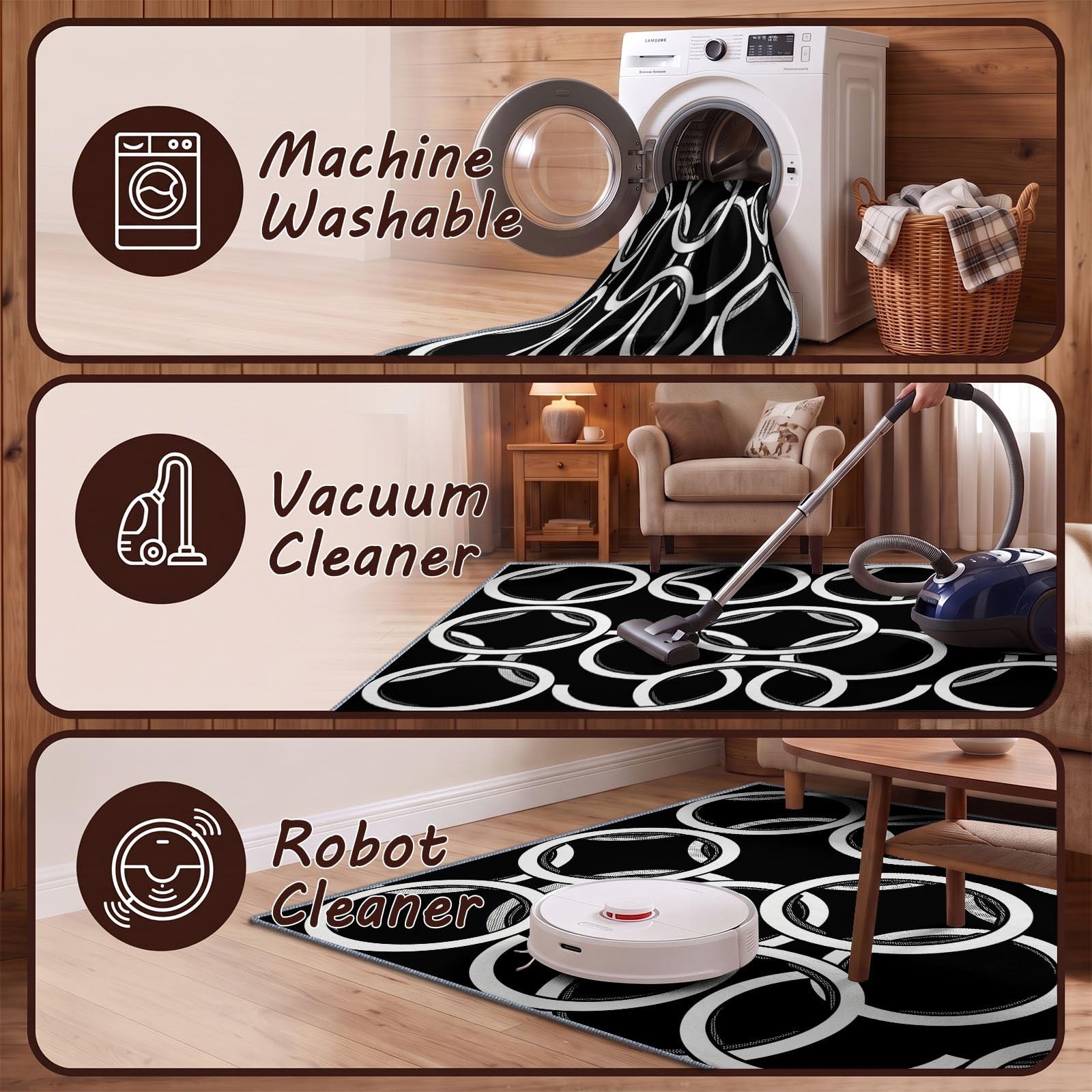 Noir Blanc Moderne Géométrique Tapis Salon Cercle Anneau Rug Lavable en Machine | Antidérapant Rugs, Chambre Descente de Lit Salle a Manger Bureau Cuisine Interieur Poil Ras Carpet 60 x 110 cm