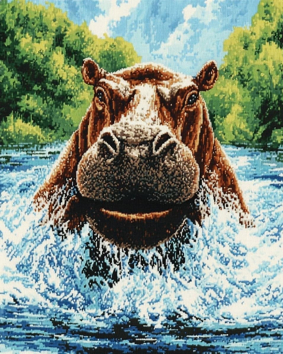 WallustrioaW Cross Stitch Stamped Kits,Animal Hippo,Pre-Printed Cross-Stitching Starter Pattern for Beginners Adults,11CT Embroidery Needlepoint Kits,40x50cm