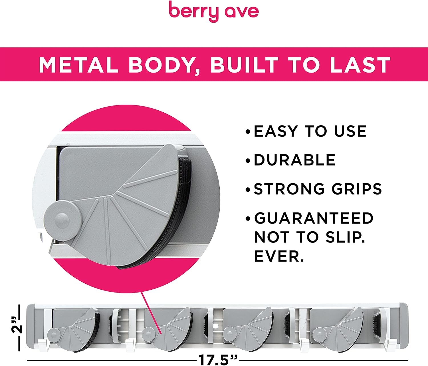Berry Ave Broom Holder & Wall Mount Garden Tool Organizer- Kitchen, Garage & Laundry Room Storage With 4 Slots And 4 Hooks- Wall Holder For Broom, Rake & Mop Handles Up To 1.25”