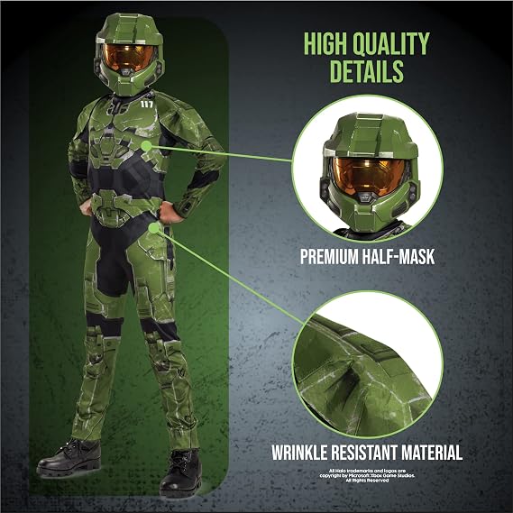 Disguise Halo Infinite Master Chief Costume, Kids Size Video Game Inspired Character Jumpsuit, Classic Child Size XL (14-16)