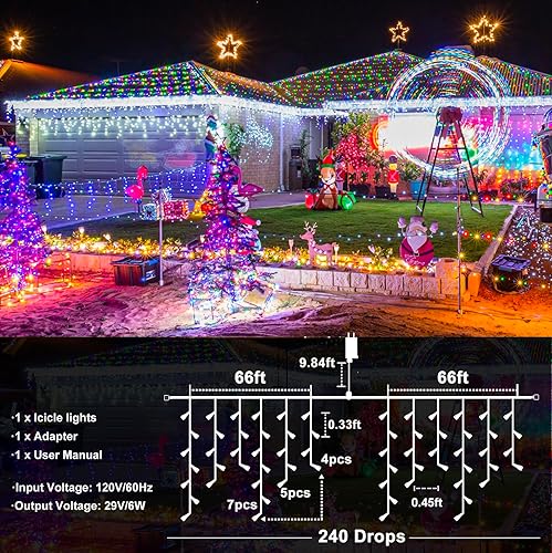 Miniatura 5 de Vivideal Luces de Navidad para exteriores, 132 pies, 1280 luces LED de carámbano para exteriores, enchufable, 8 modos, luces parpadeantes para