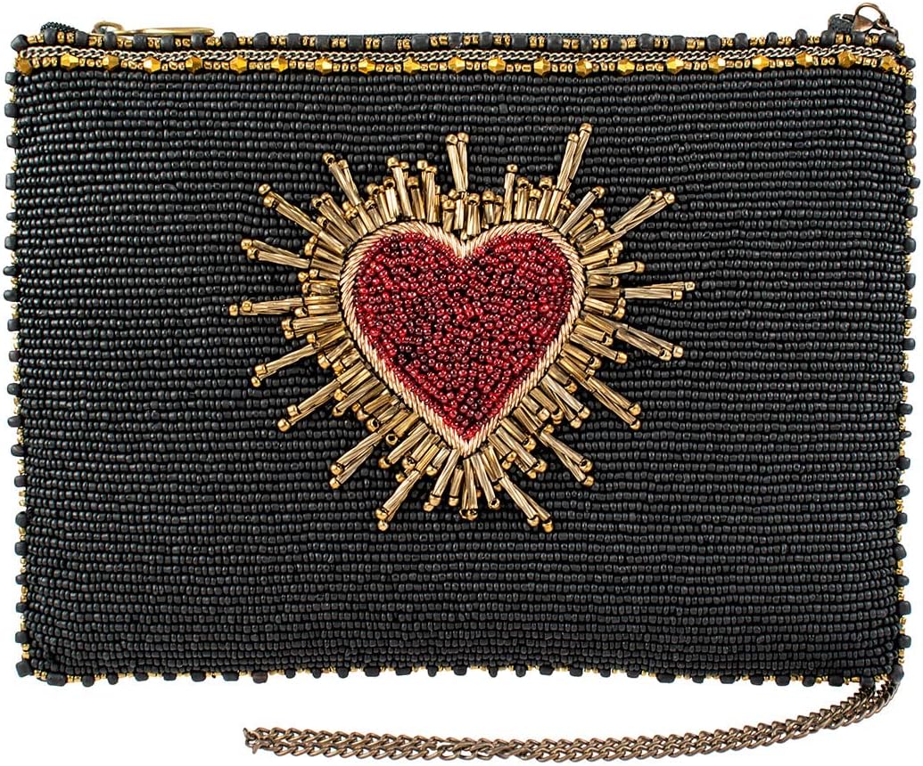 Mary Frances Affection Beaded Heart Burst Mini Crossbody Bag Novelty Evening Clutch Purse, Black