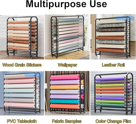 Large Fabric Roll Storage Rack with Adjustable Hanging Rod, Commercial Heavy Duty Steel Organizer Holder with Wheels for Vinyl Rolls/Leather Rolls/Car Window Fi(Size:Crossbar 175cm,Color:20 crossbars)