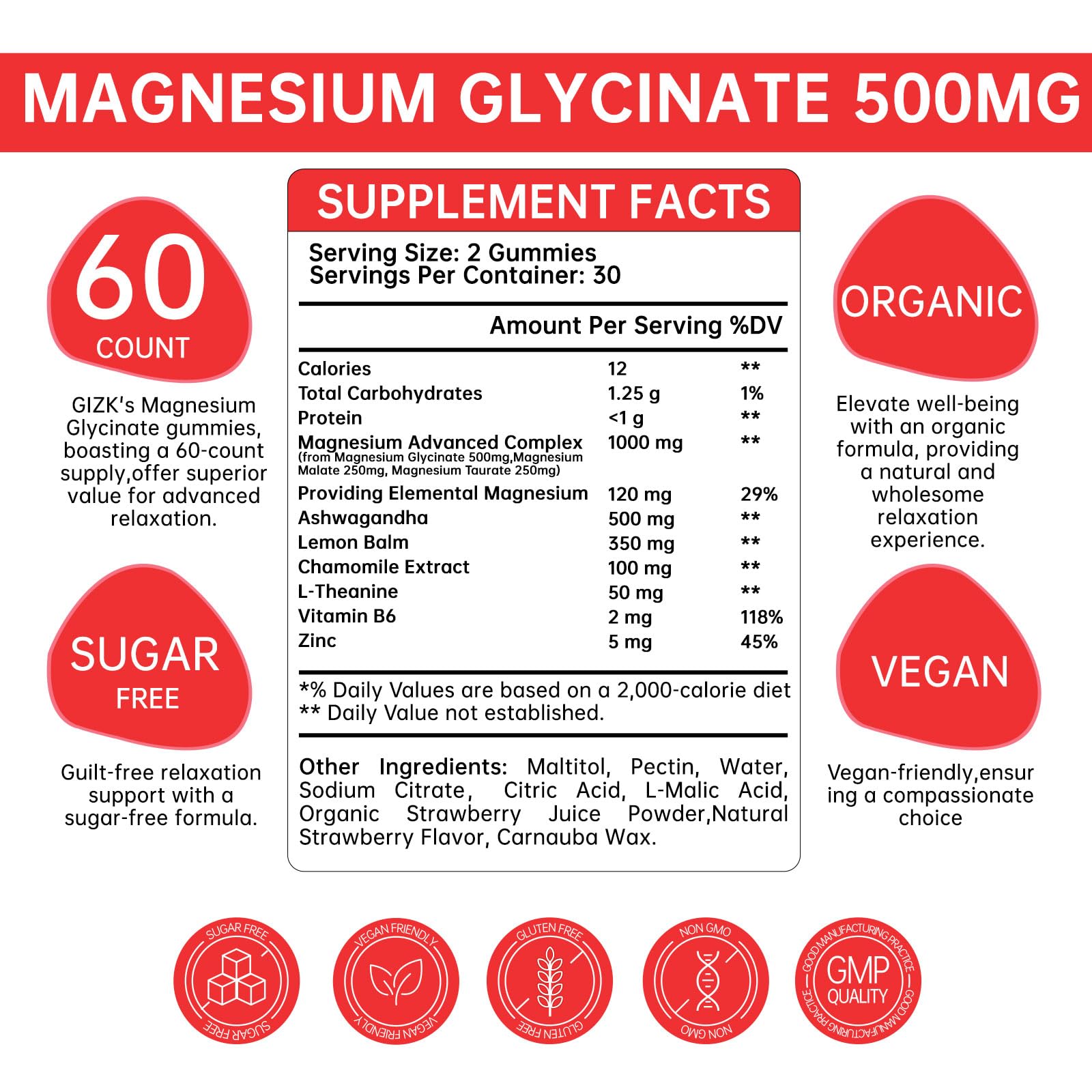 Magnesium Glycinate Gummies 500mg – Sugar Free Magnesium Gummies with L-Theanine - Sleep, Calm, Stress Relief for Adults & Kids 4+, Vegan, No Melatonin (Strawberry Flavor, 60 Count) — Amazon image 2