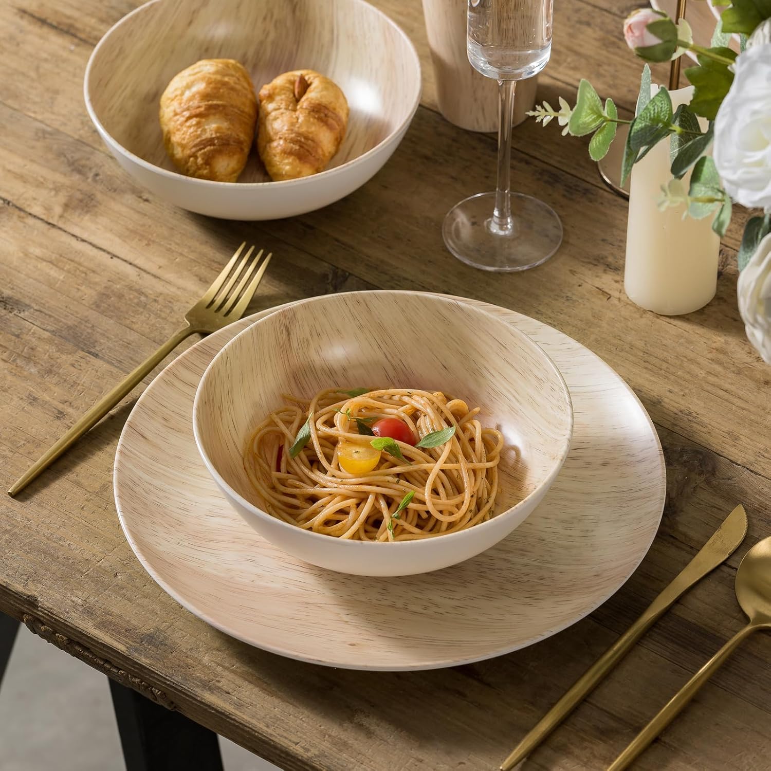 MissYIP 16 Pcs Melamine Dinnerware Set Service for 4,Woodland Melamine Plates Set with Bowls and Cups,Non-breakable Lightweight Dining Tableware Indoor and Outdoor use,Dishwasher Safe,Wood grain