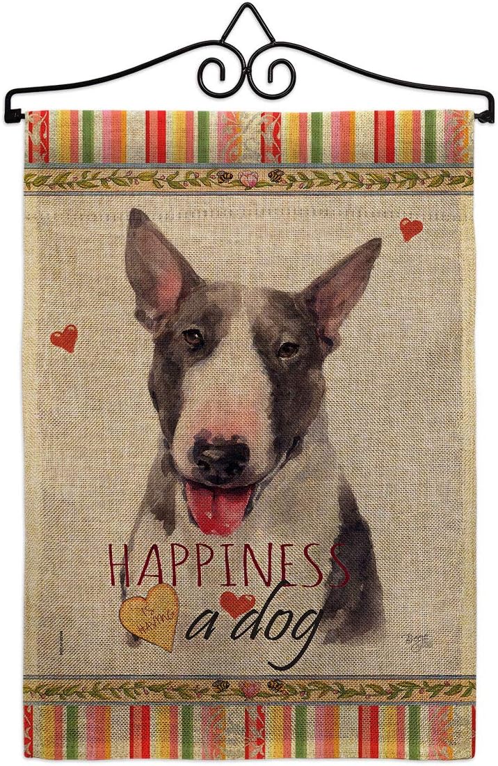 Bull Terrier Happiness Garden Flag Set Wall Holder Animals Dog Puppy Spoiled Paw Canine Fur Pet Nature Farm Animal Creature Small Decorative Gift Yard House Banner Double-Sided Made In USA 13 X 18.5