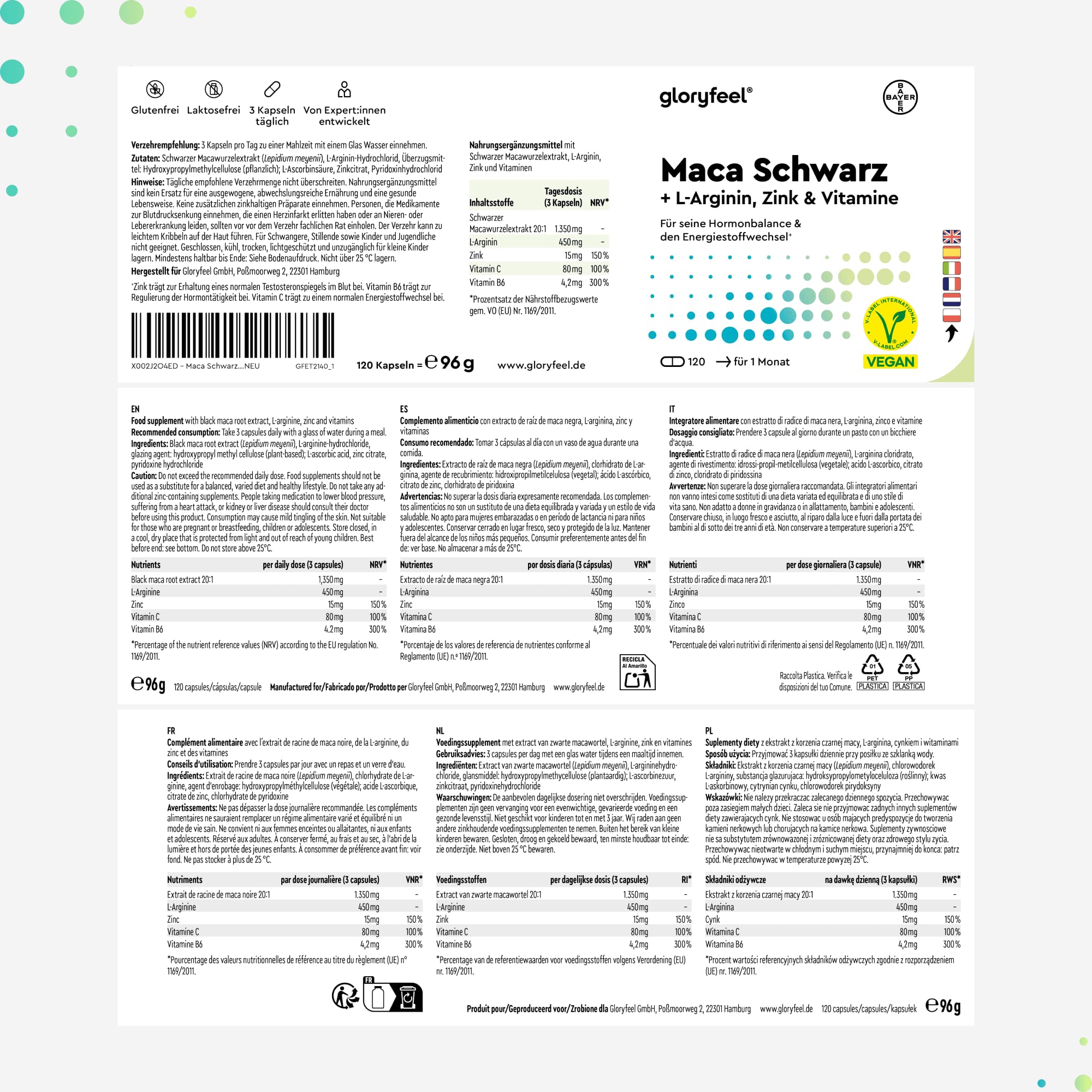 Maca Nera Peruviana, 120 Capsule, 9000mg, Alto Dosaggio, + L-Arginina, Zinco + Vitamine B6 & C, Estratto Maca Nera 450mg 20:1, Integratore Rinvigorente Extra Forte