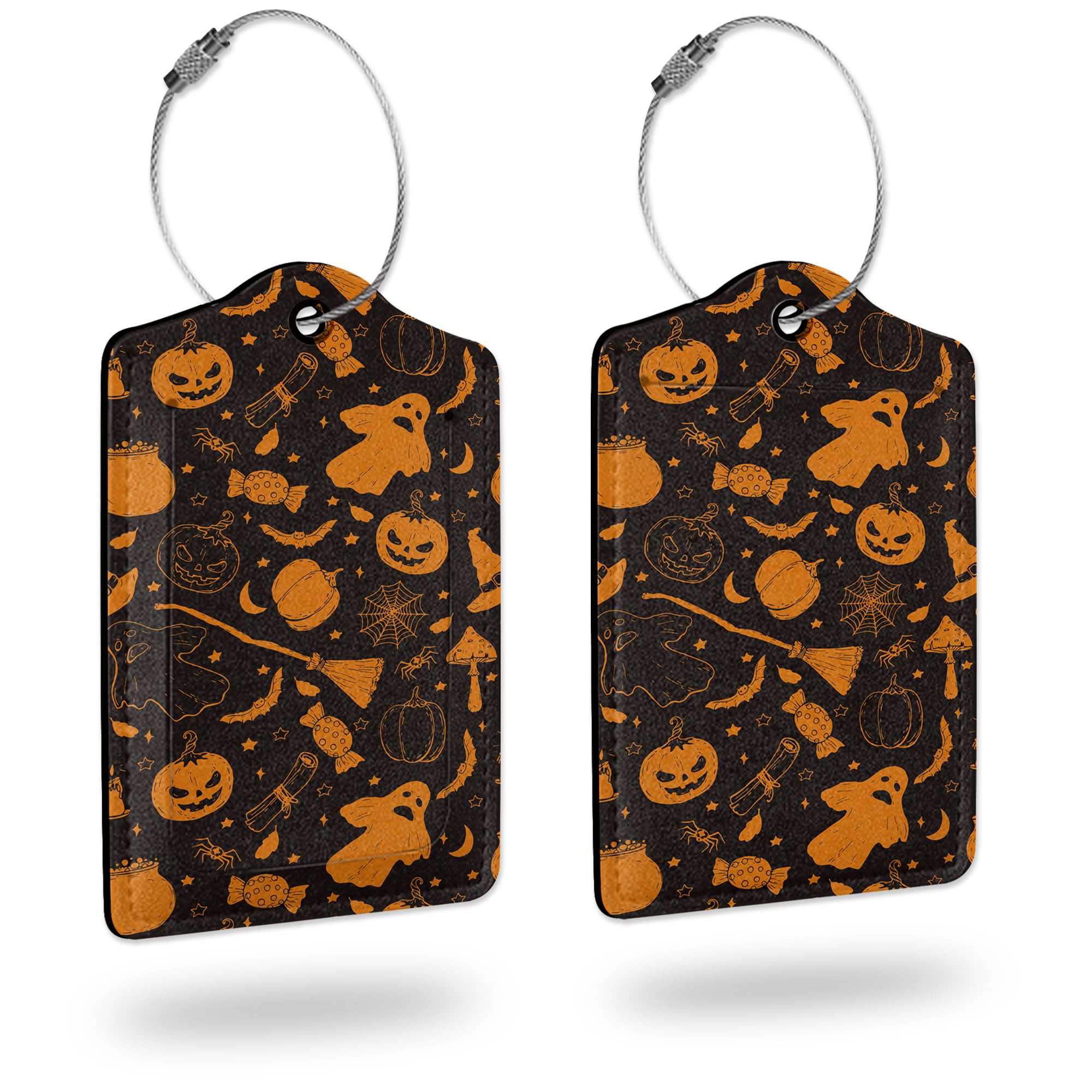 2 Pack Luggage Tags for Suitcases,Halloween Pumpkin Broom Candy Mushroom Bat Luggage Tag,Leather Stainless Steel Loop Label Tag for Women Men Girls