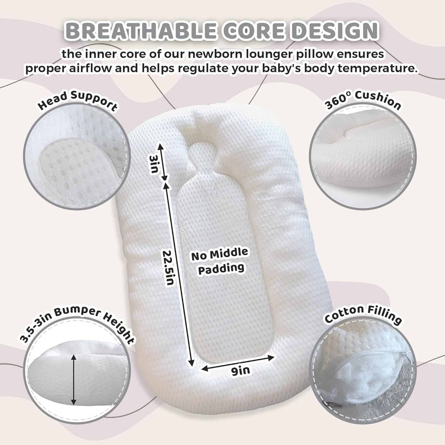 Baby Lounger for Newborn & Infant, 0-24 Months Snuggle Baby Nest in 100% Cotton, 2 Sides Cover, Breathable and Portable Lounger Pillow for Supervised Play & Rest, (Pink) - Image 6