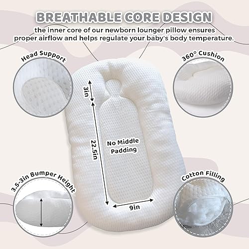 Miniatura 6 de Tumbona para bebé recién nacido y bebé, de 0 a 24 meses, para acurrucarse en 100% algodón, funda de 2 lados, almohada transpirable y portátil