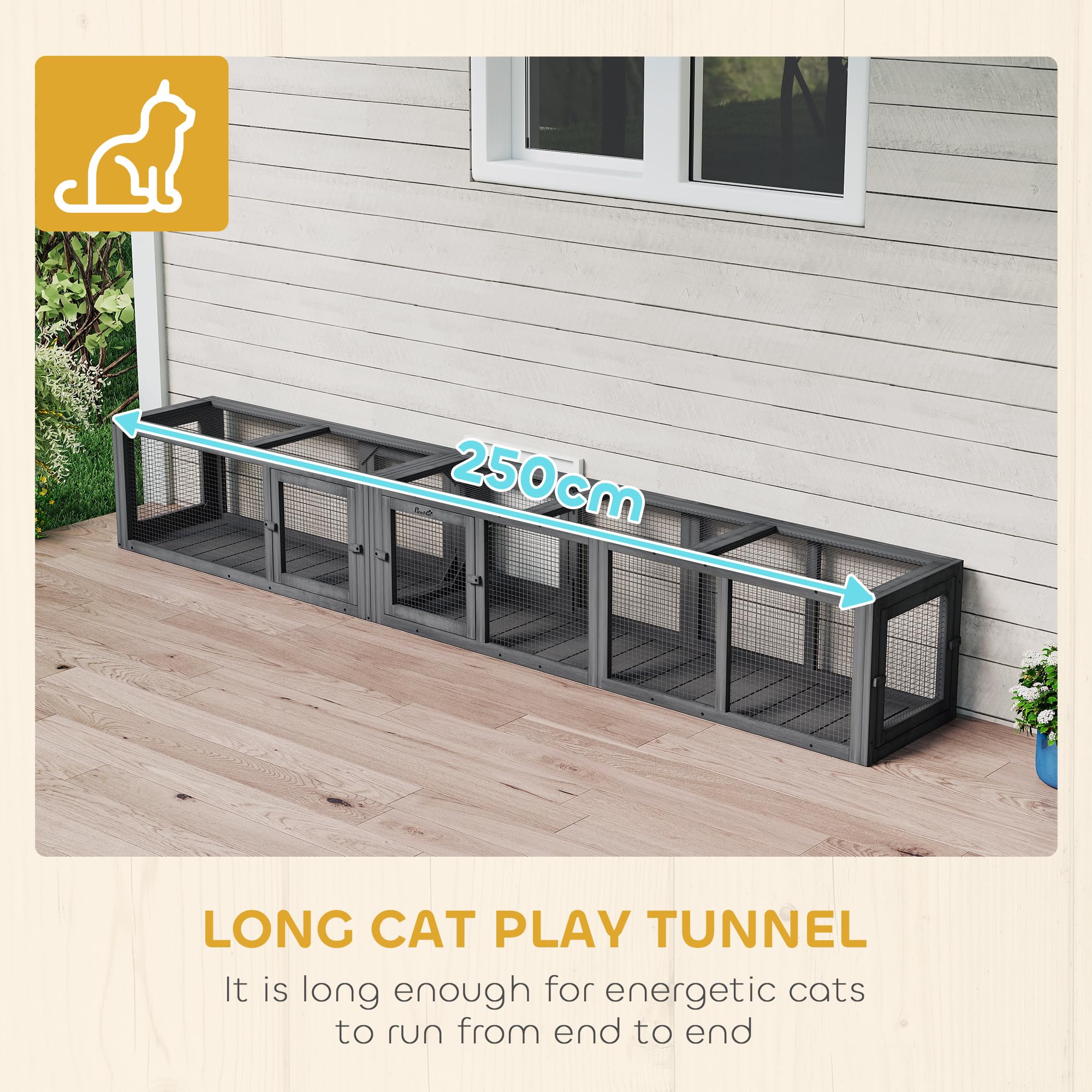 PawHut Túnel de madera para gatos, 250 cm, extra largo, con 8 puertas, forma de L/rectangular, para gato, conejo, cachorro, gris oscuro