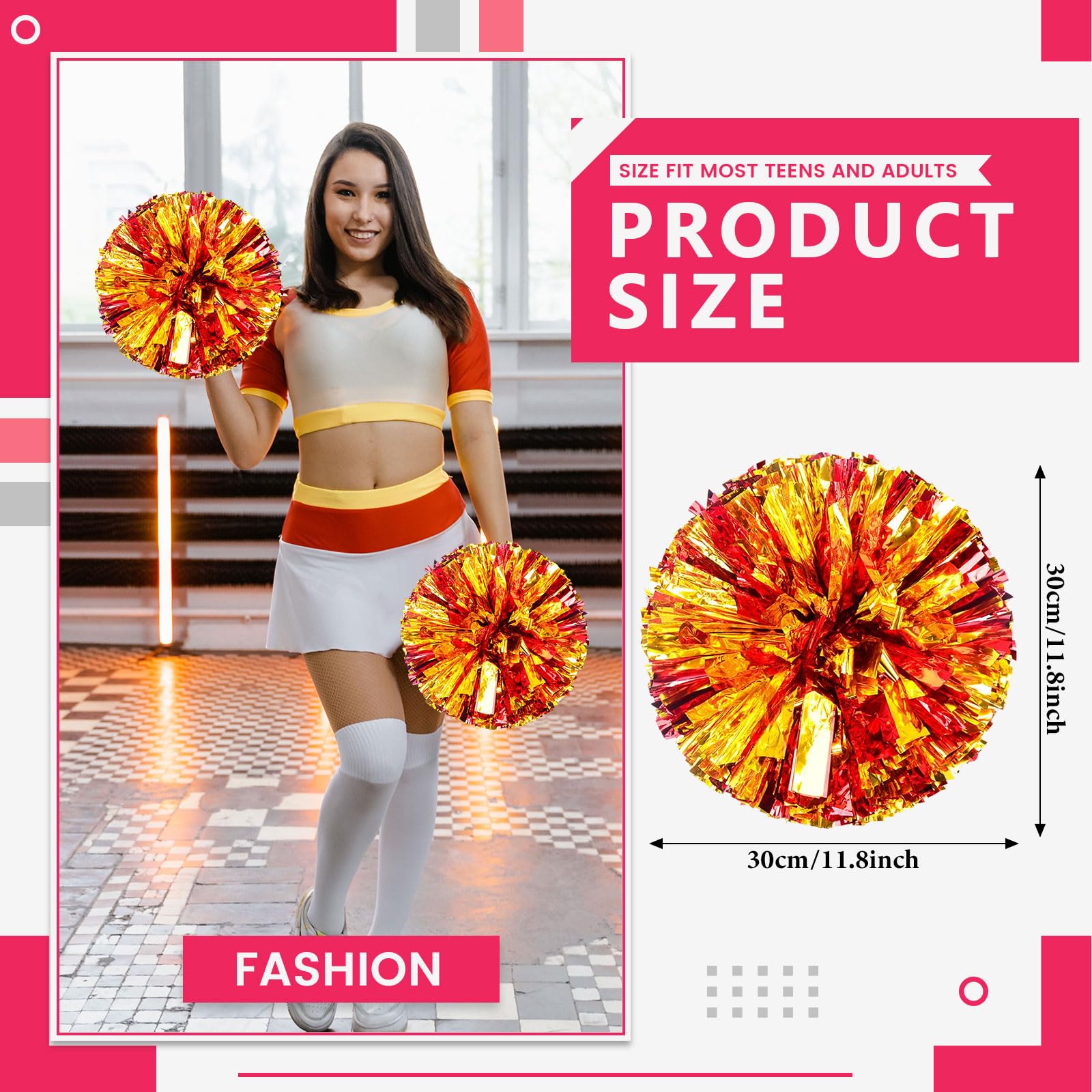 Pompony cheerleaderek, 36 szt. z prostym uchwytem, ręczne pompony drużynowe do drużyny sportowej Cheer Spirit Games, na imprezę taneczną dla dorosłych (czerwone + złote)