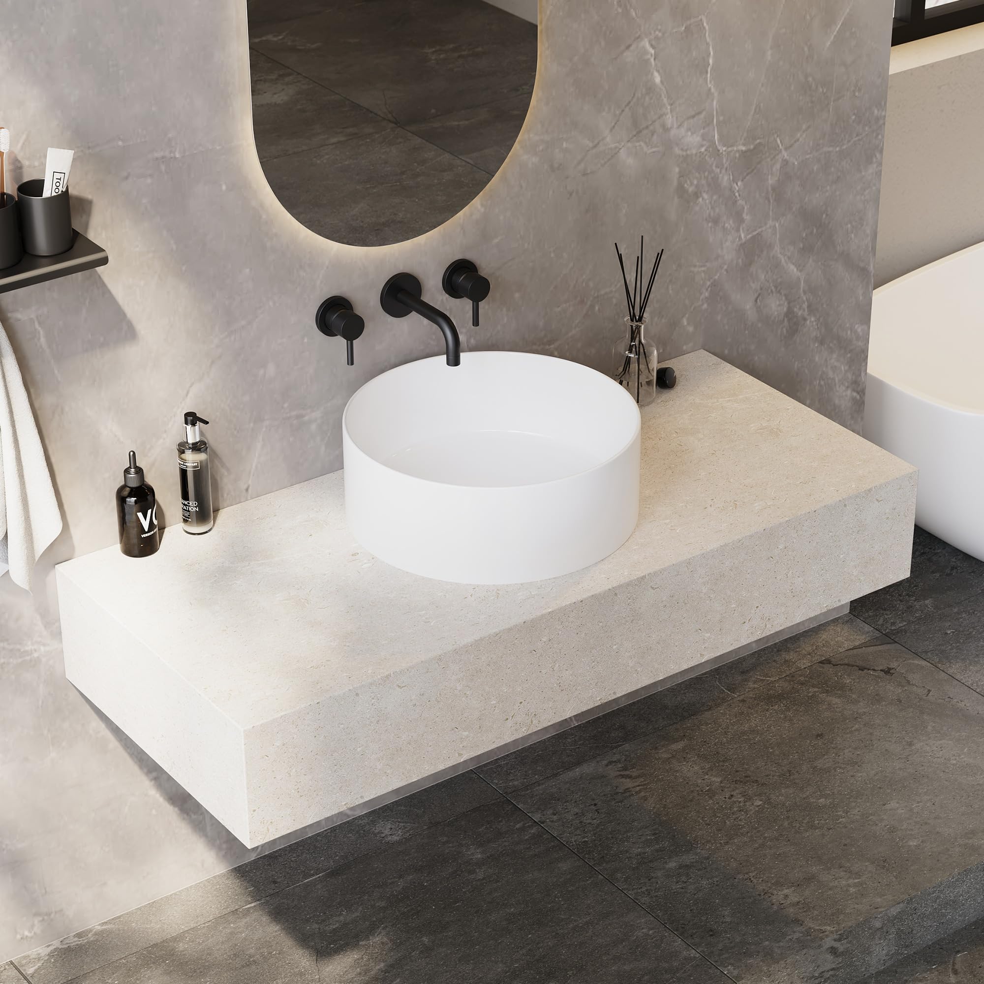 Fregadero redondo de cerámica de Eridanus, lavabo de porcelana vítrea en blanco brillante para uso en encimera, lavabo redondo para tocadores, 415 x 415 x 150 mm