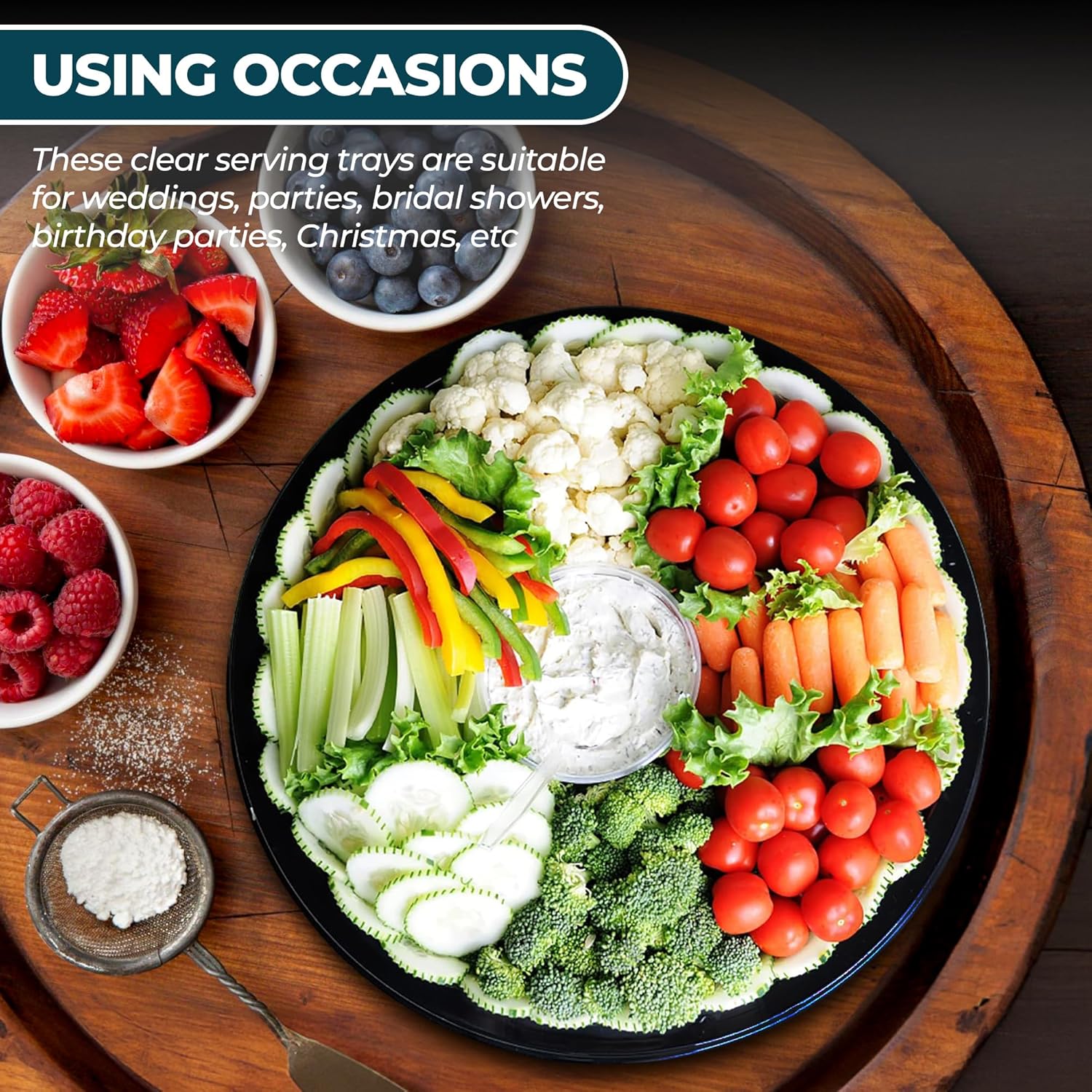 12" Catering Trays with Lids [10 Pack], Black Serving Tray with Clear Lid, Plastic Disposable Round Party Trays and Platters, Flan Containers with Lids, Dessert Sandwich Cookie Food Trays for Parties