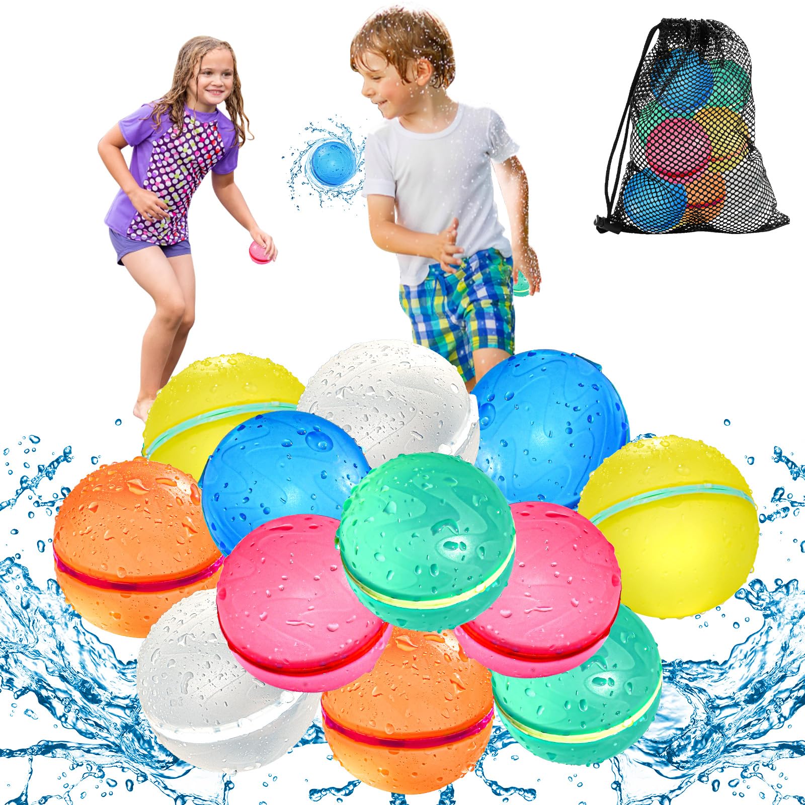 KOKODI 12PCS Reusable Water Balloons for Kids Ages 3-14, Self Sealing Magnetic Water Bombs for Pool & Beach, Quickly Fill Refillable Silicone Water Balls Fight Toys for Summer Outdoor Games