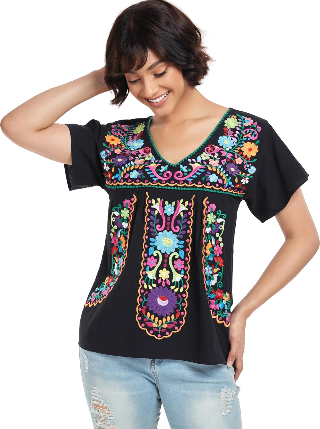 YZXDORWJ Women's Mexican V Neck Top Peasant Embroidered Blouse Traditional Summer Short Sleeve Shirt - Image 6