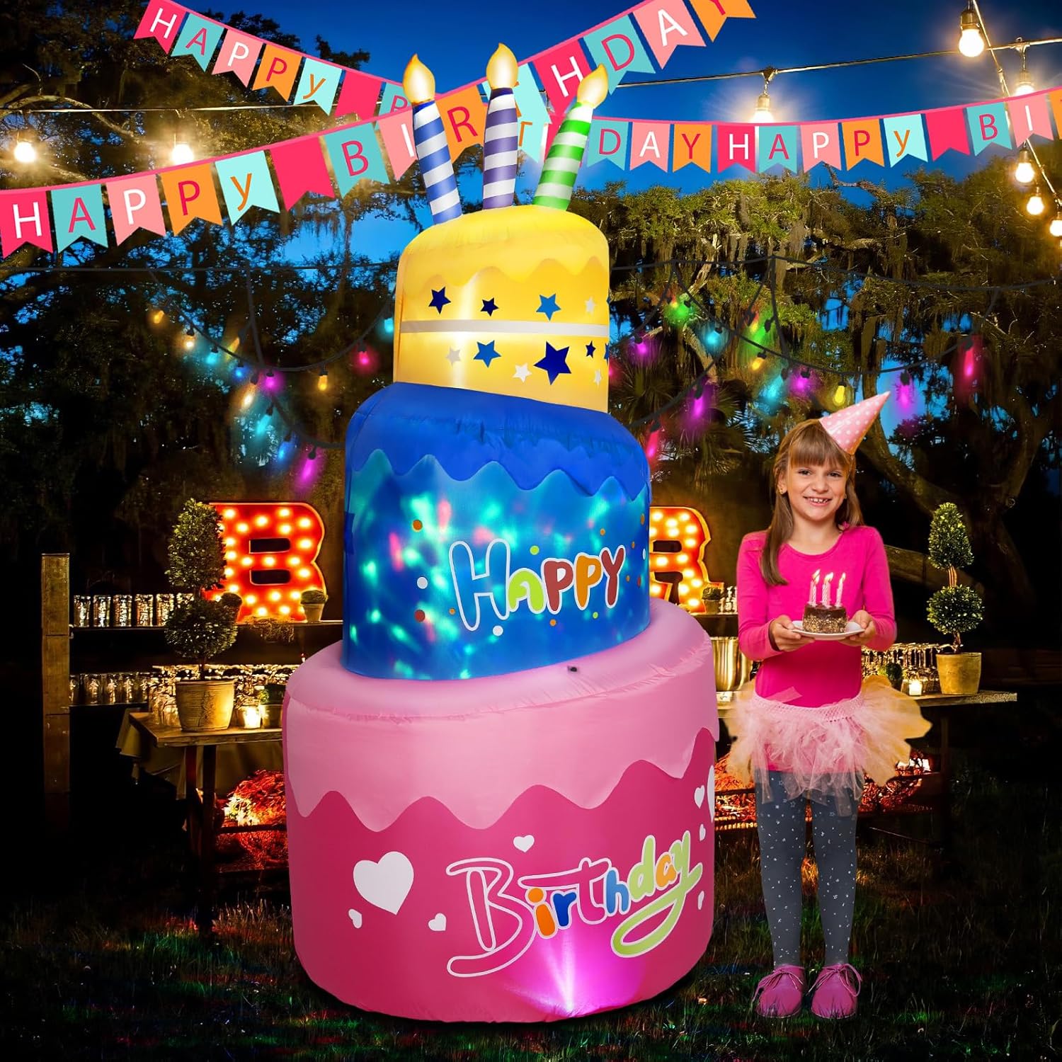 B&D 6FT Happy Birthday Inflatable Cake with Candles, Lighted Blow Up Birthday Decorations with Colorful Rotating LED Lights Inflatable Decor for Outdoor Indoor Party Home Celebration Yard Garden Lawn