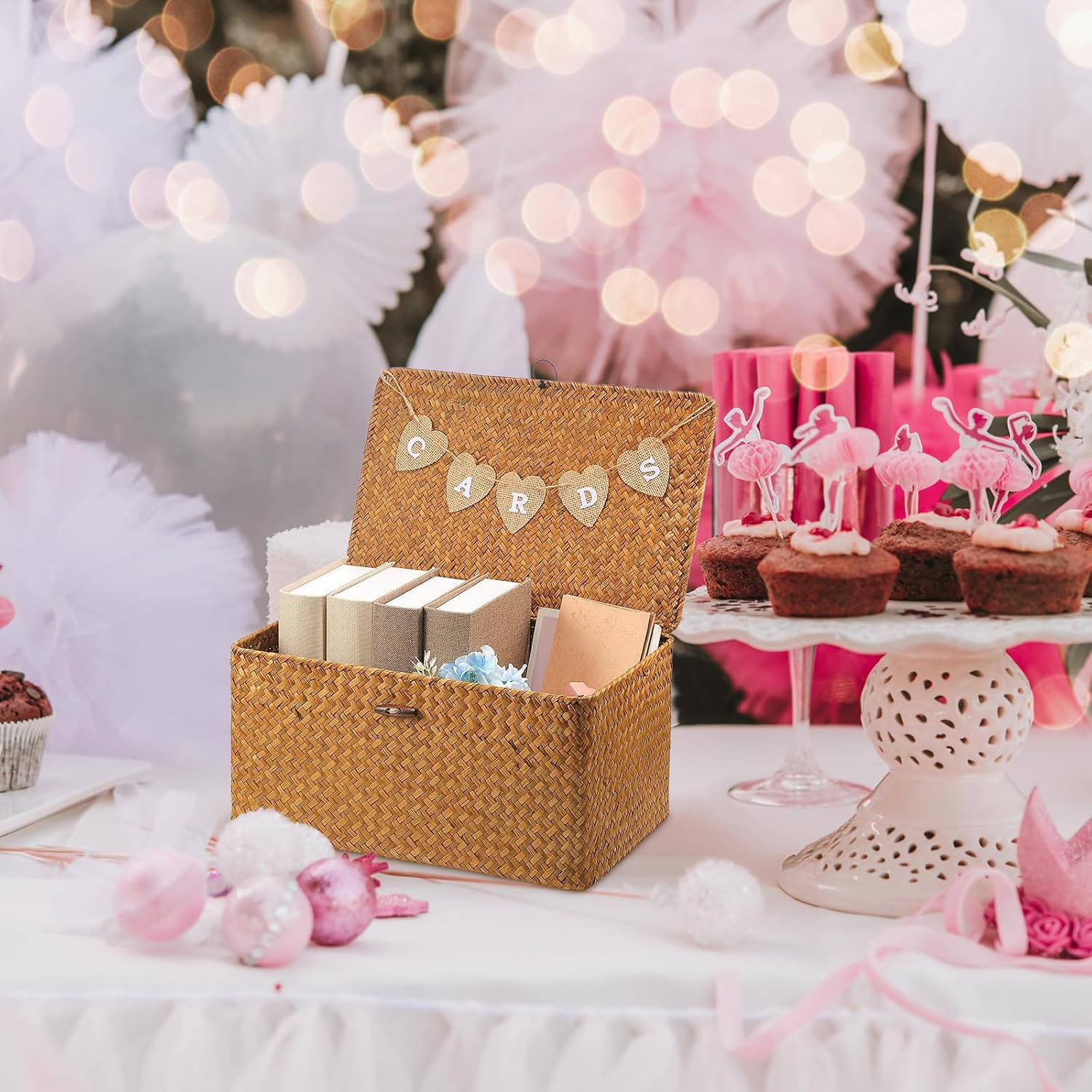 Geelin Sea Grass Wedding Card Basket With Letter Flag Decorative Wedding Card Woven Post Box Suitable For Baby Showers Birthdays Graduation Ceremonies Bridal Showers(Natural Color,14 Inch)