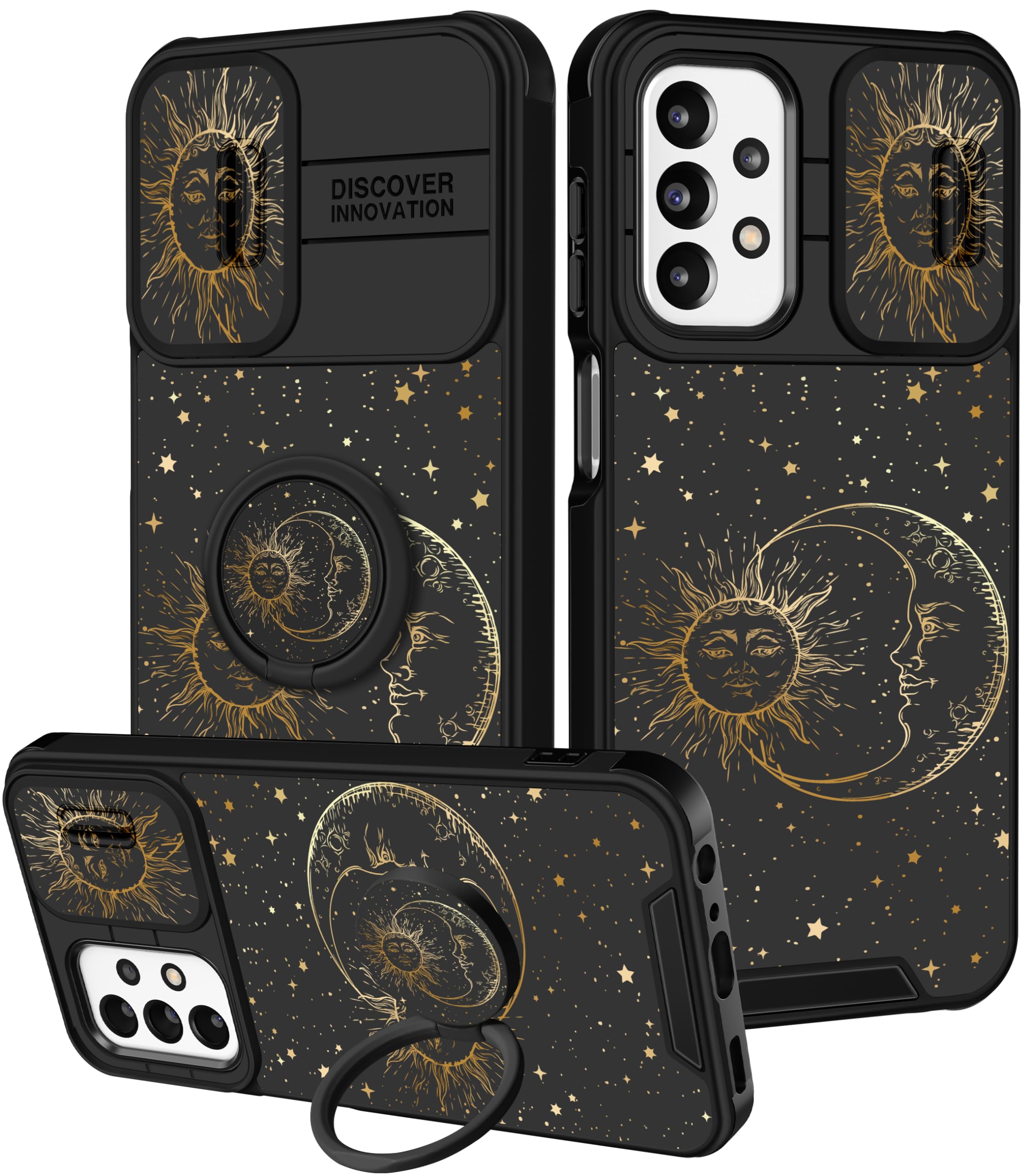 Goocrux (2in1 for Samsung Galaxy A23 5G Case Sun and Moon for Women Cute Girls Phone Cover Girly Stars Space Cool Design with Slide Camera Cover+Ring