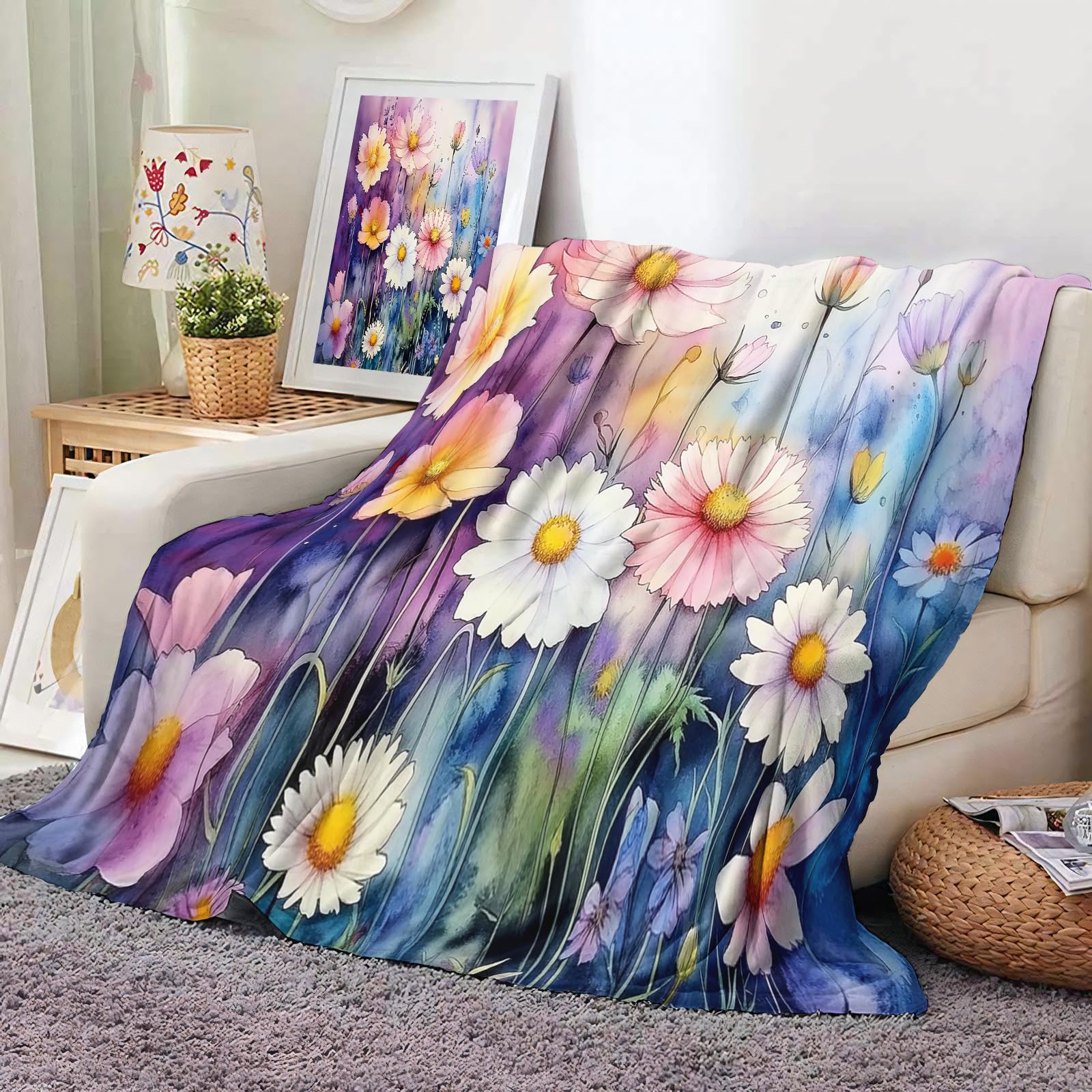 Couverture polaire fleurs lumineuses pour un canapé cosy et chaleureux en hiver 130x150