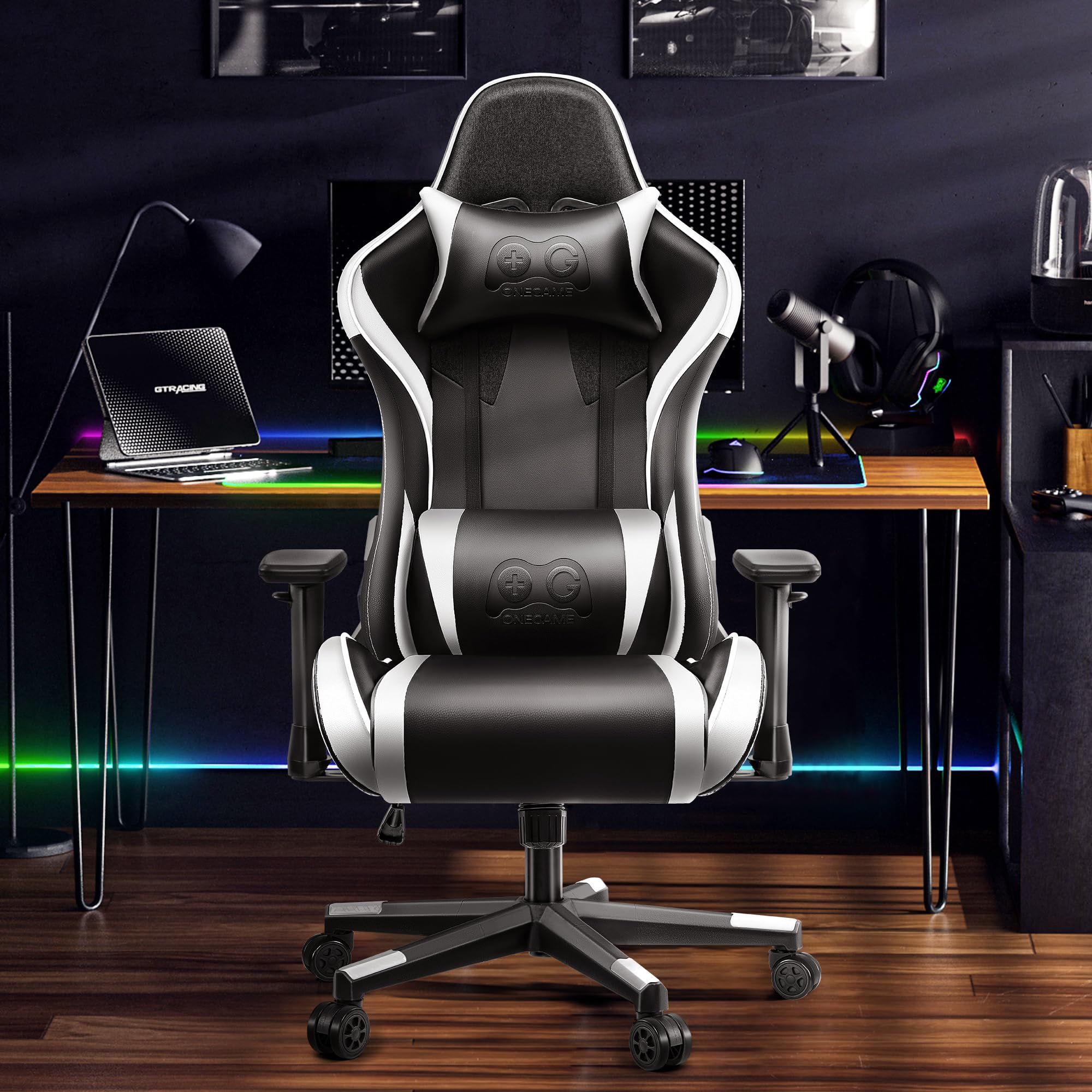 OneGame Sedia Gaming, 3D Braccioli Ergonomico Sedia da Gioco per Computer, Ufficio Regolabile in Altezza, Girevole con Cchienale Regolabile 155°, Bianco