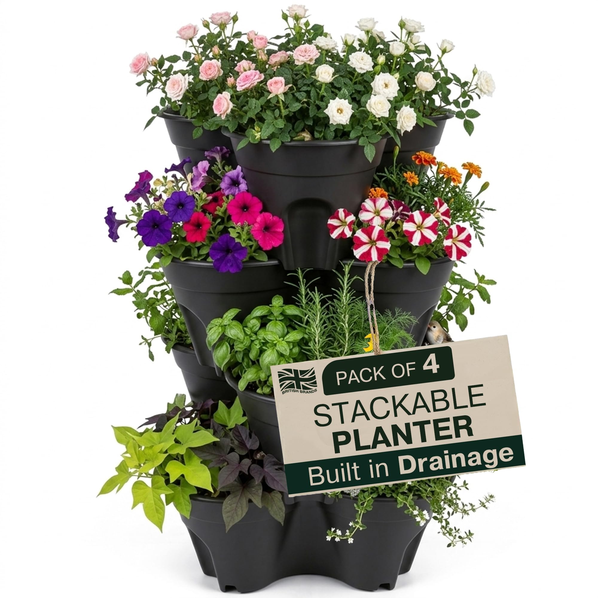My Garden Stackable Strawberry Planter Pack of 4 - Compact Vertical Garden Pots for Herbs, Flowers & Vegetables - Durable Weather-Resistant Tiered Garden Planters for Indoor & Outdoor Use