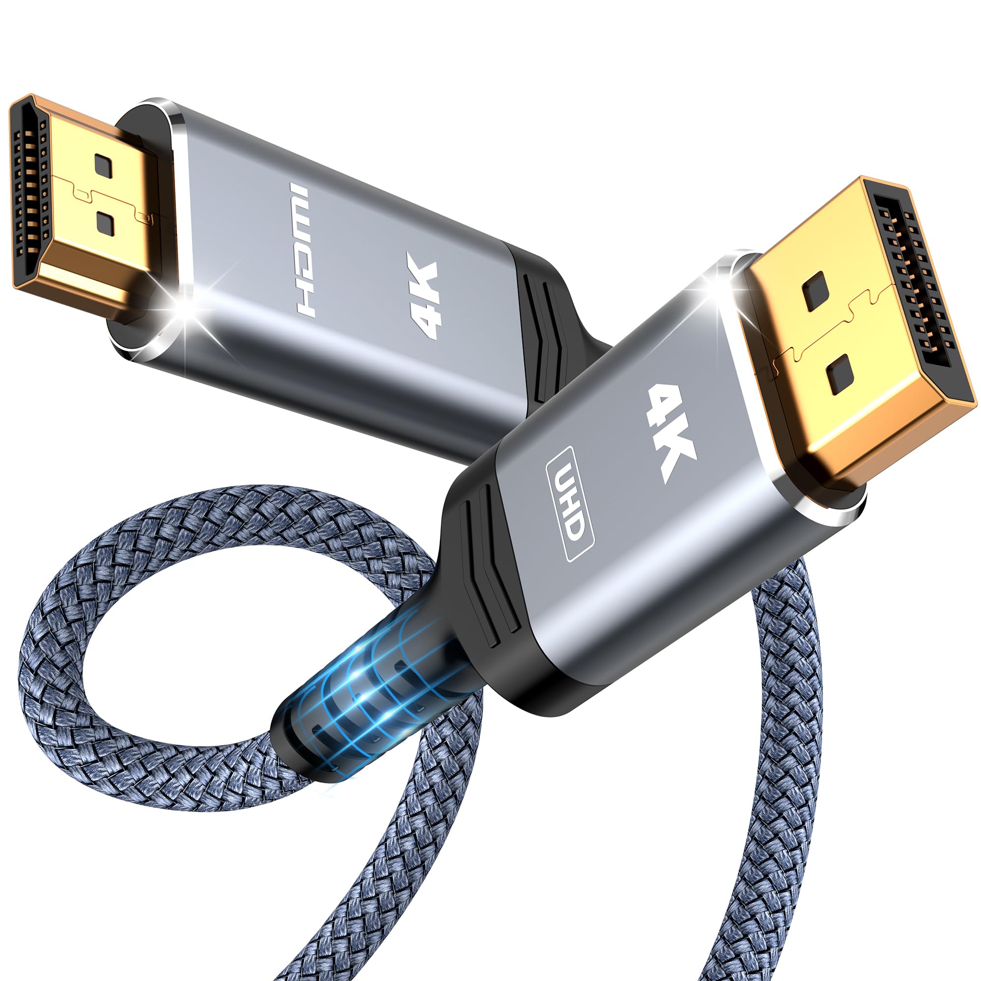 Highwings 4K DisplayPort auf HDMI Kabel 1.8M, DP auf HDMI Verbindungskabel Unidirektionaler Nylon Geflochtener DisplayPort zu HDMI für Monitor, TV, Projektor, Laptop, PC, AMD, NVIDIA