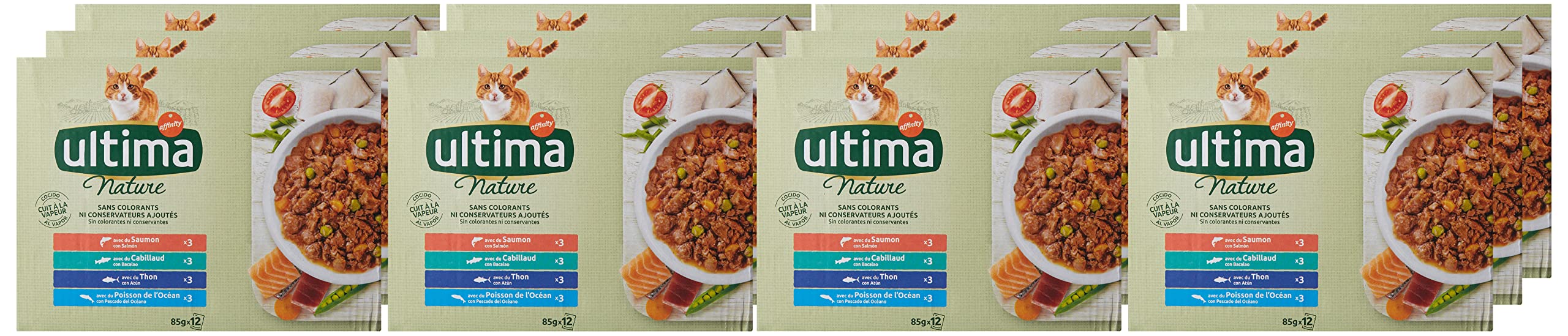 Ultima Nature Comida Húmeda para Gatos con 4 Variedades de Pescado: Salmón, Trucha, Atún y Pescado del Océano 12 Unidades 4080 g