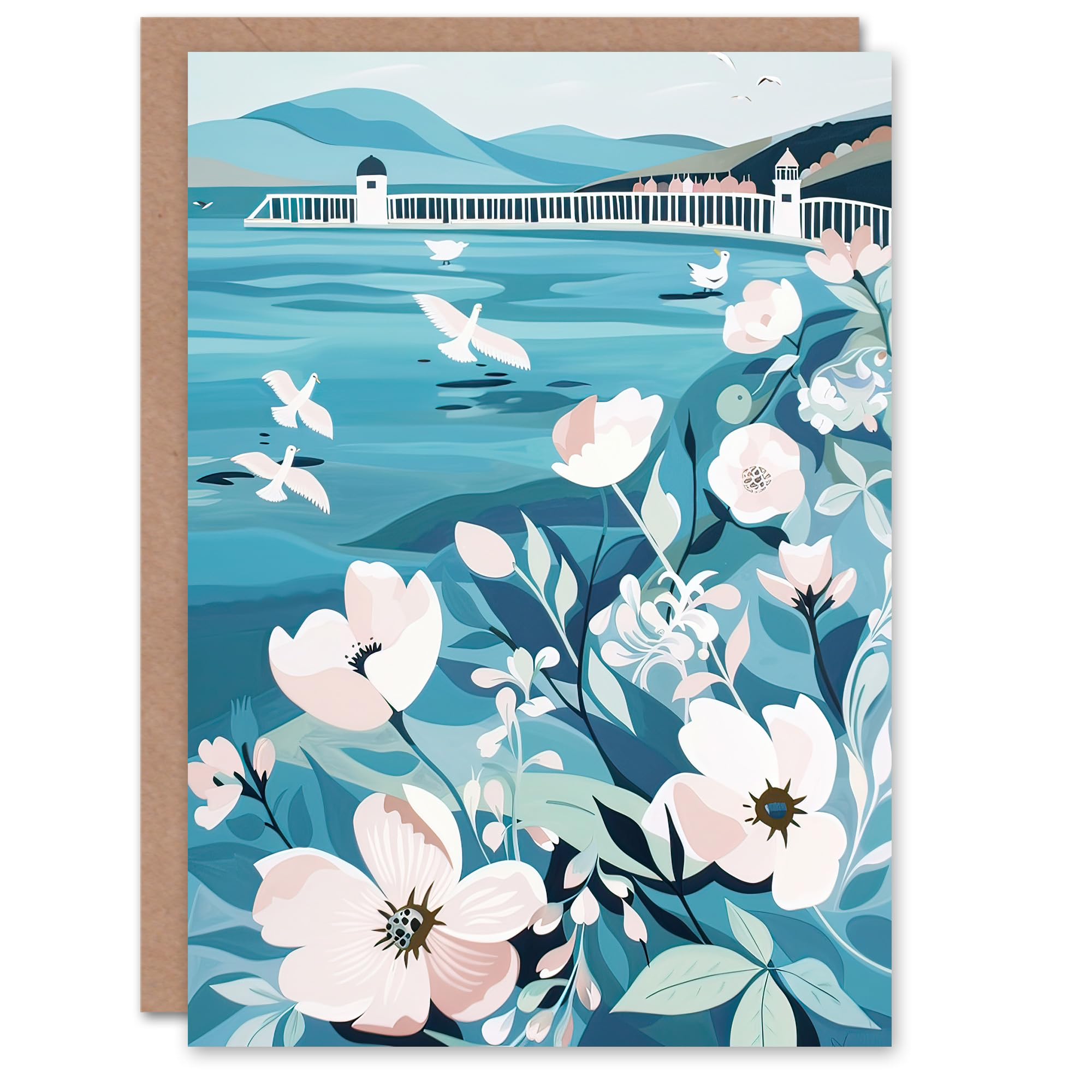 Artery8 Greeting Card Coastal Scottish Pier Seagulls Floral Painting Blank For Him Or Her Art Birthday Card