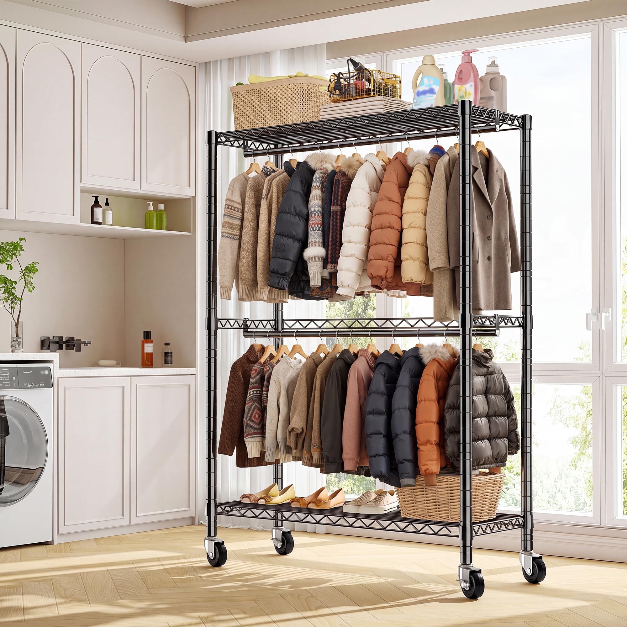 90 * 40 * 200cm Portant à Vêtements Solide à Roulettes avec Plateaux | 90 * 40 * 200 cm, hauteur modulable, charge maximale 200 KG, penderie vêtement dressing avec étagères réglables, noir