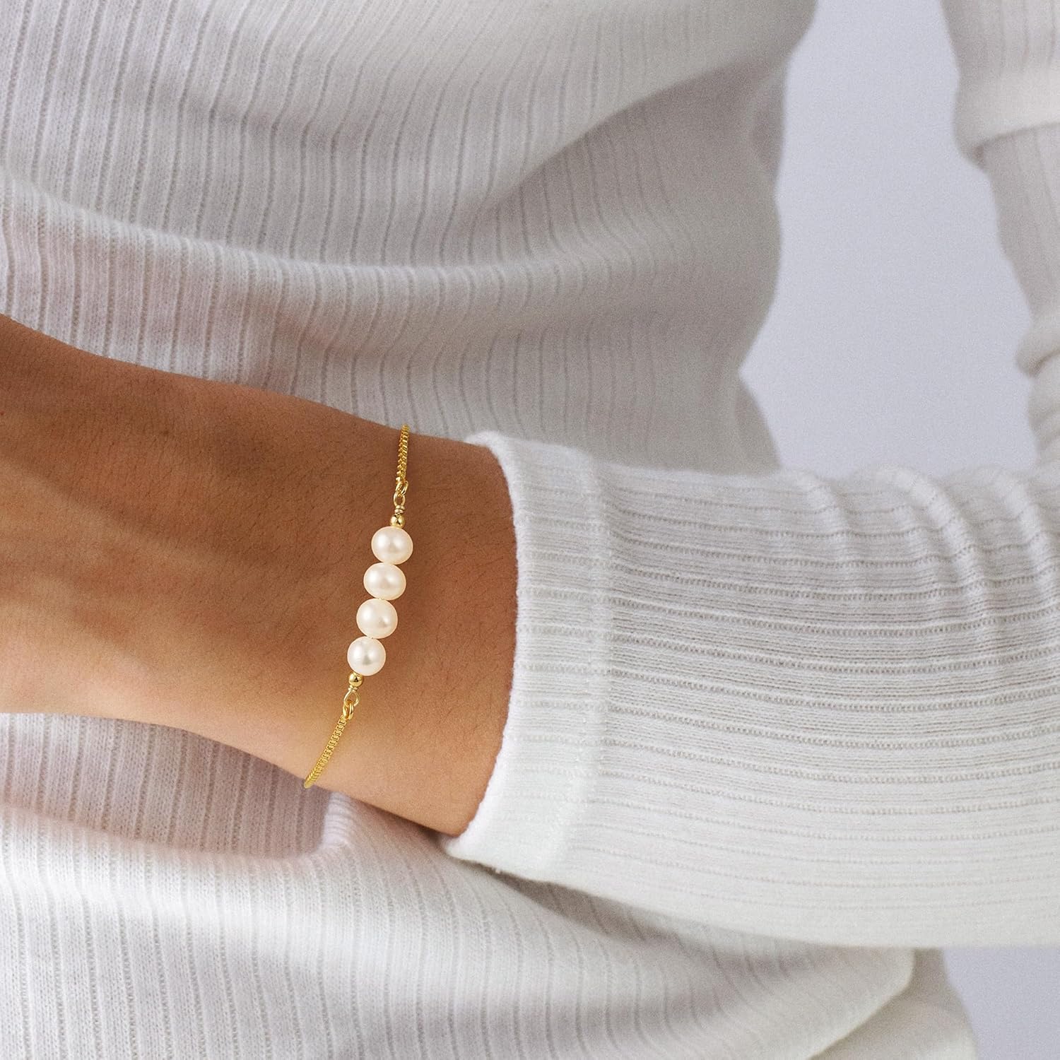 Gold Pearl Bracelets for Women, Dainty Natural Pearl Bracelets for Women Sliding Adjustable Box Chain Bracelets for Women Bridesmaid Wedding Gifts - Image 4