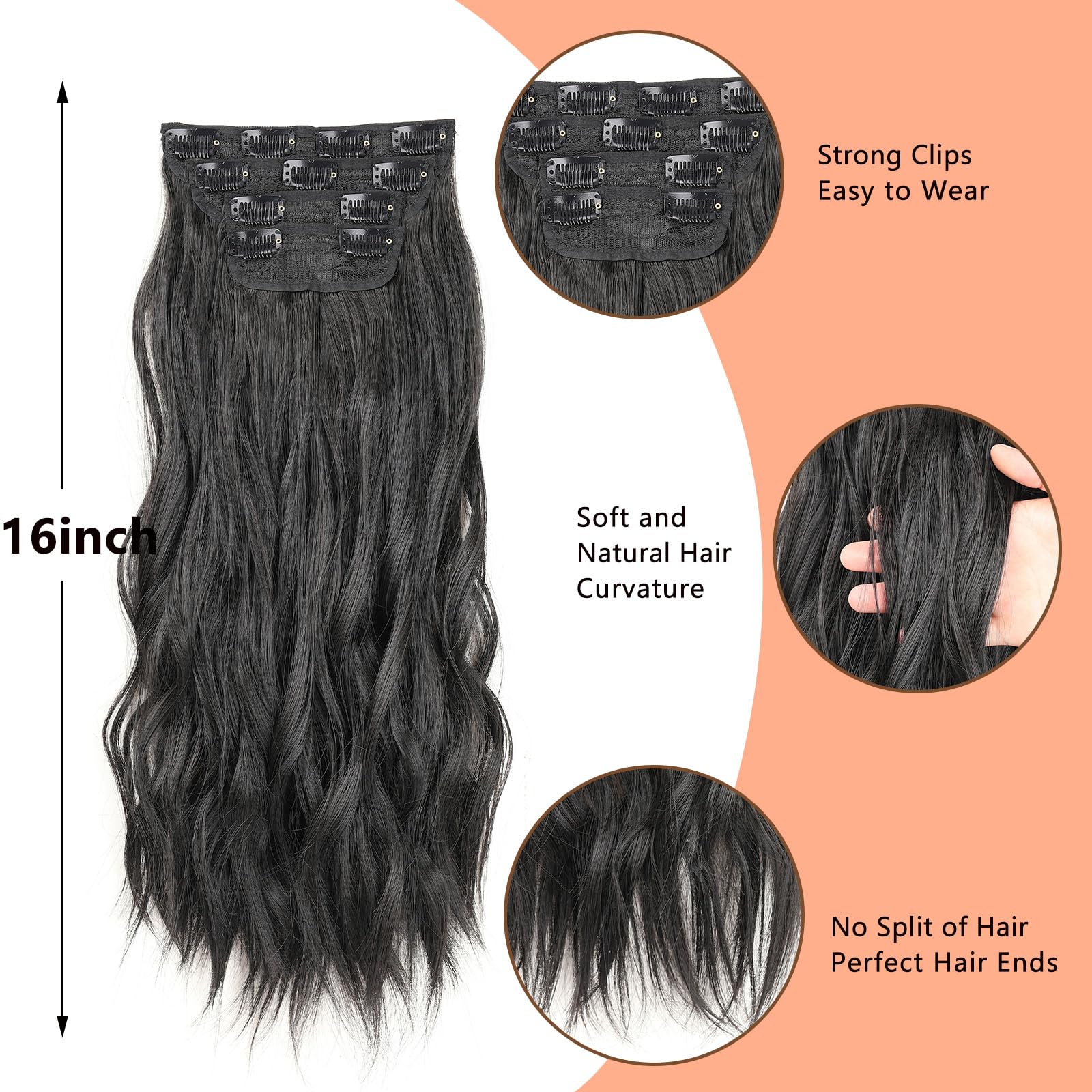 Mscat 16 Inch Wavy Black Clip in Hair Extensions - 4PCS Full Head Set Thick Curly Synthetic Hair Pieces for Women Girls (1B#) - Image 3