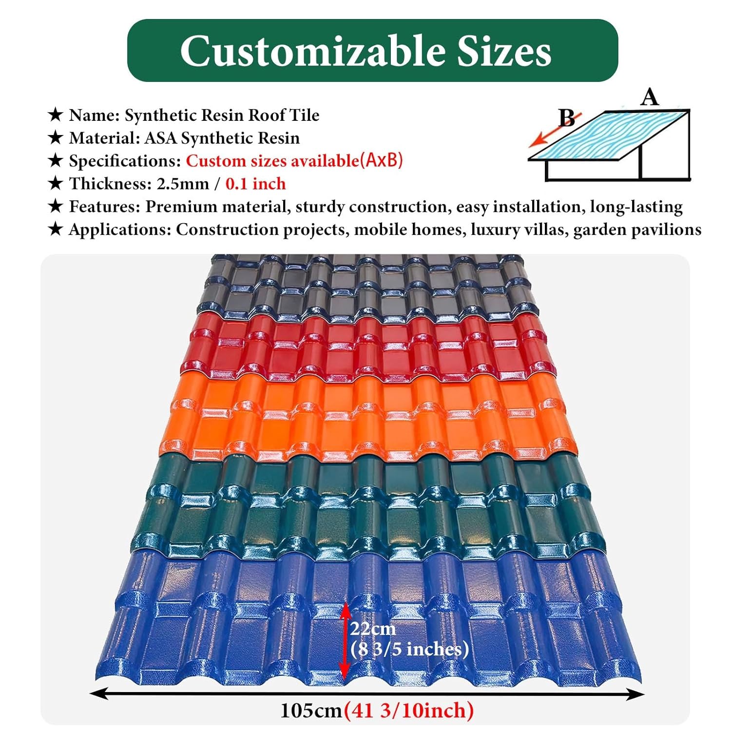 Customization Large Small Roofing Shingles & Tiles Panel, New Weather Resistant Roof Covering for Row Houses/Home/Storage Sheds, Repair and Decoration(Blue,Set of 5)