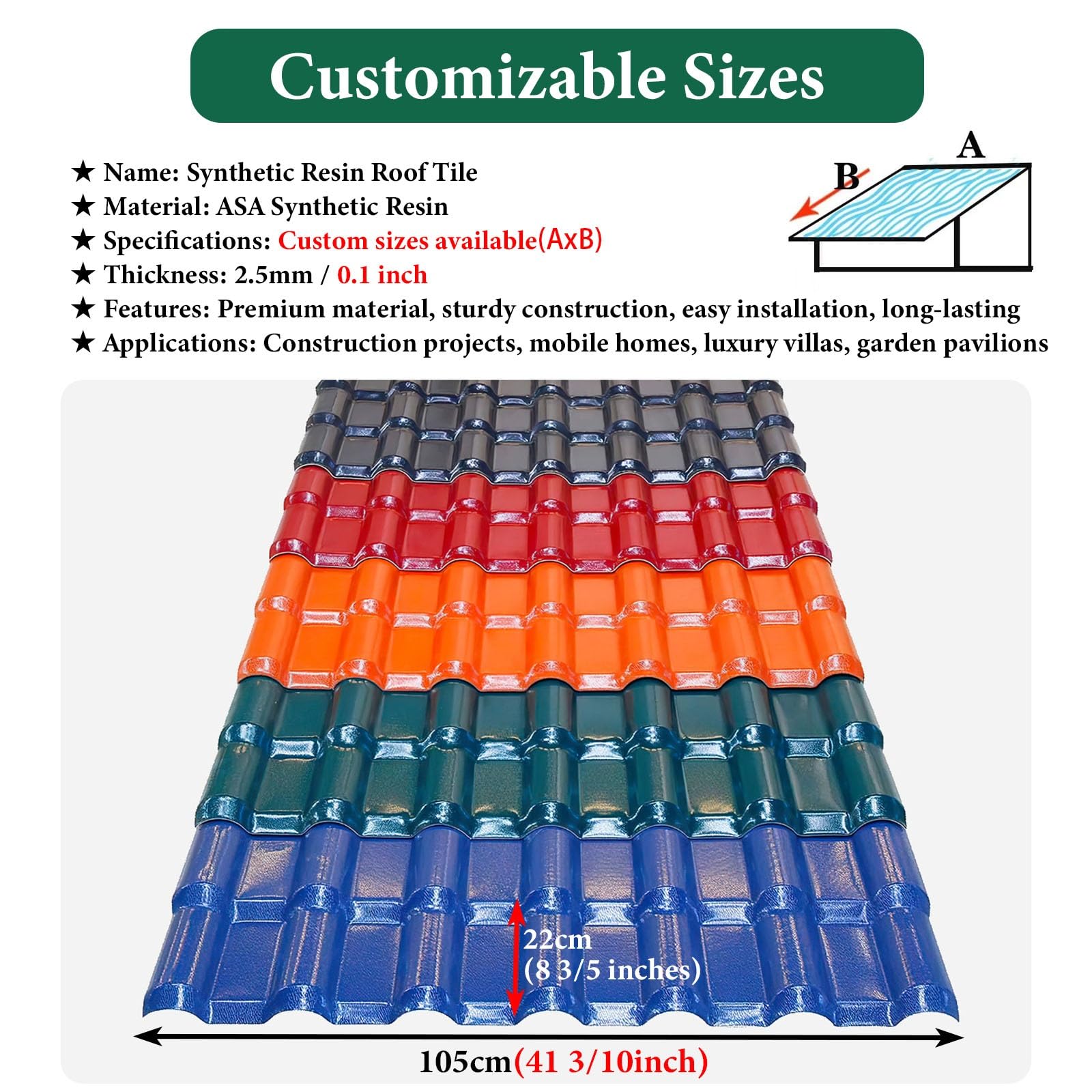 tejas tejado Tejas de resina sintética de PVC ASA, láminas para techos con forma de bambú ignífugas e impermeables para construcción/reparación y decoración(Blue,15 pieces)