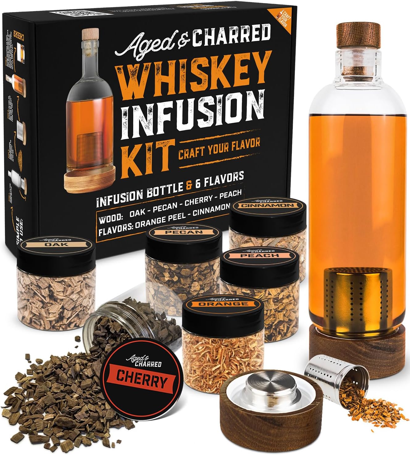 Complete Whiskey Infusion Kit (4 Wood Chips, Orange and Cinnamon Peels) - Whiskey Making Kit Gift Sets for Men - Craft Your Own Whiskey Flavors - Unique Bourbon Gifts for Men