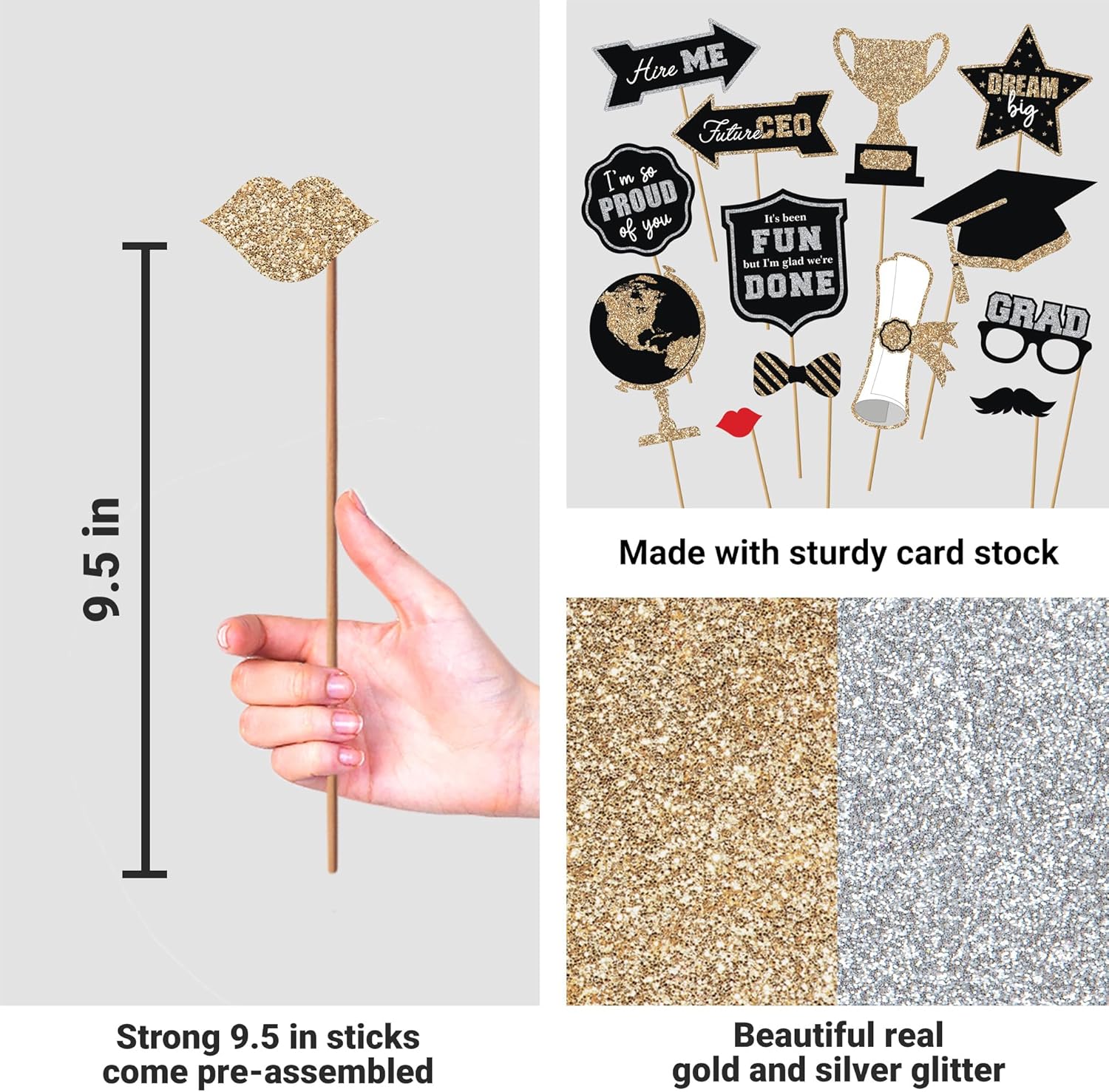 Fully Assembled Graduation Photo Booth Props - Set of 30 - Class of 2026 Graduation Selfie Signs - Congrats Grad Party Supplies & Decorations - with Real Gold & Silver Glitter - Did We Mention No DIY